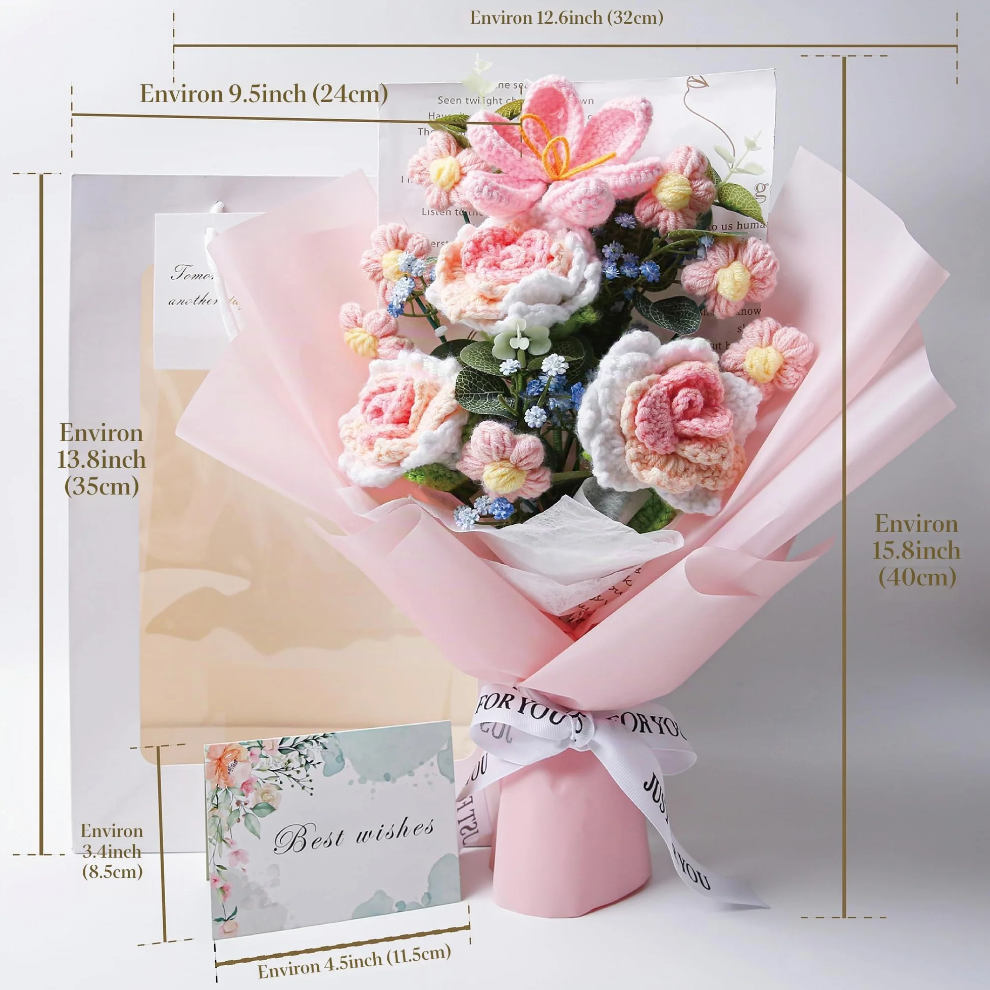 EZsenses Bouquet de fleurs au crochet – Roses tricotées à la main pour décoration d'intérieur, avec sac cadeau et carte de vœux