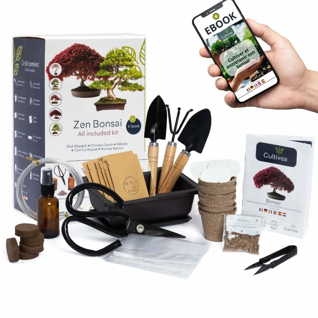 CULTIVEA® Kit Bonsaï Premium Prêt à Pousser - Outils, Ciseaux, Fil pour Entretien de Bonsaïs
