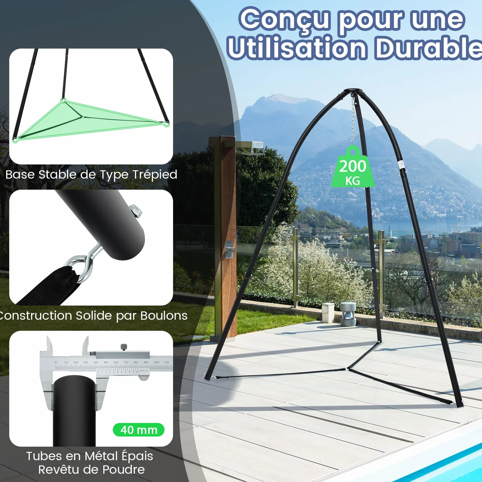 COSTWAY Support Fauteuil Suspendu Métal Pivotant 200 KG Chaîne Suspension Intérieur Extérieur