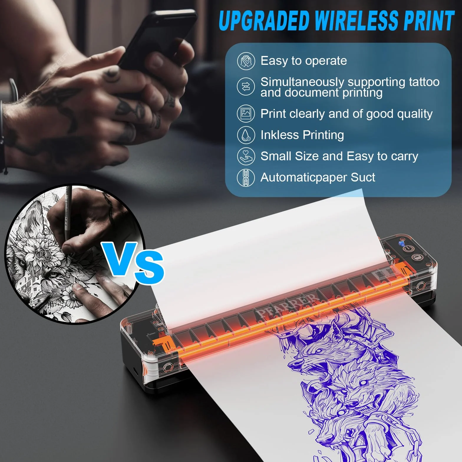 PFARRER Thermocopieur Tatouage Imprimante Thermique sans Fil Professionnelle T106P-EU avec 10 Feuilles Papier Transfert