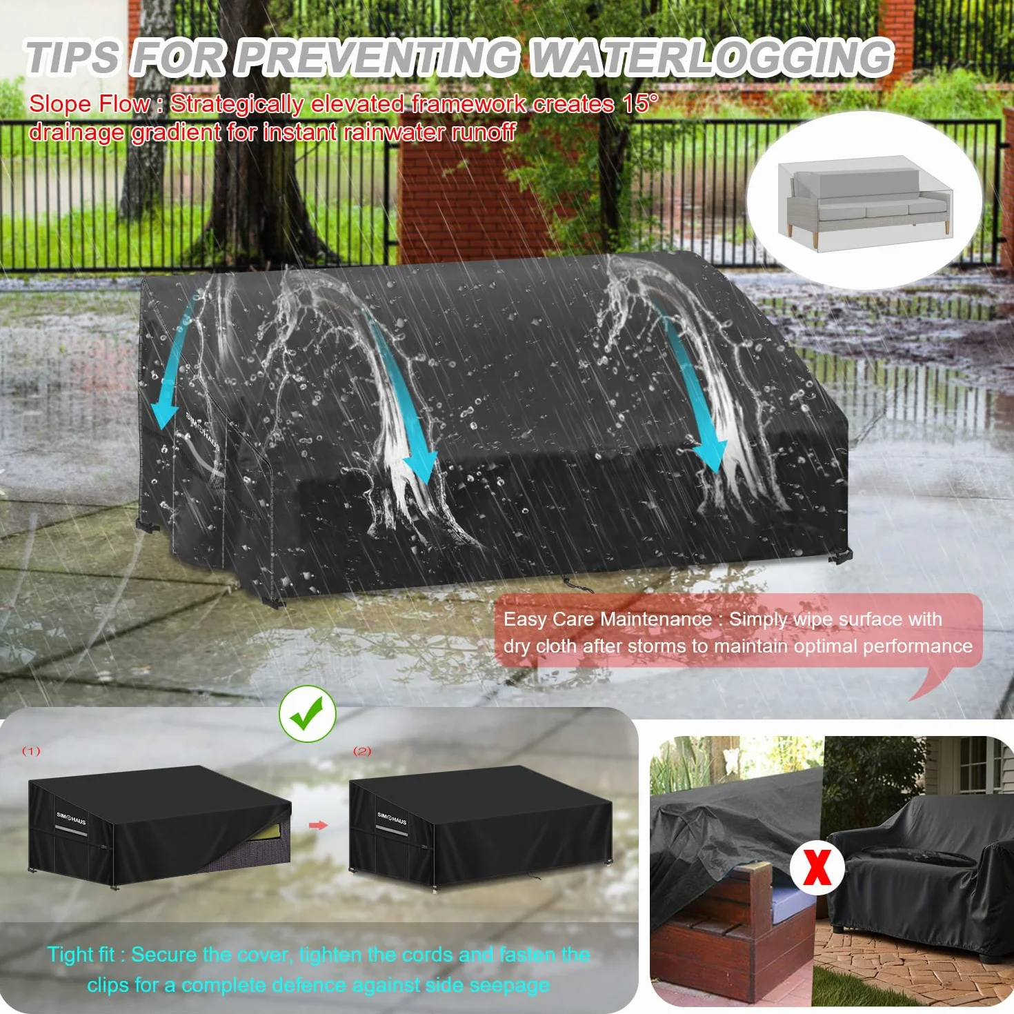 Housse pour Canapé Extérieur 3 Places Imperméable 420D Oxford 205x99x89/61cm