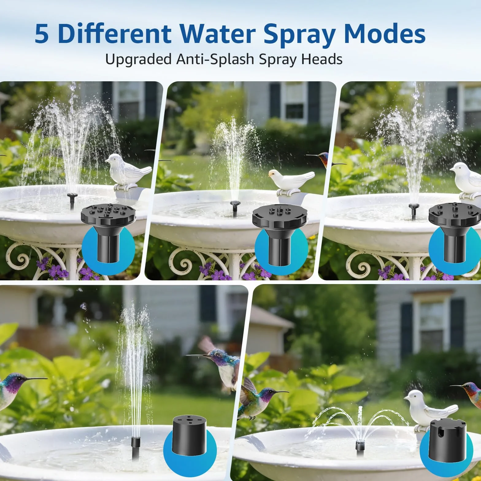 Pompe Solaire pour Fontaine à Oiseaux 4 W câble Secteur 3 m Support de Sol réglable 5 Modes de pulvérisation Tuyau 1,2 m Anti-séchage silencieuse