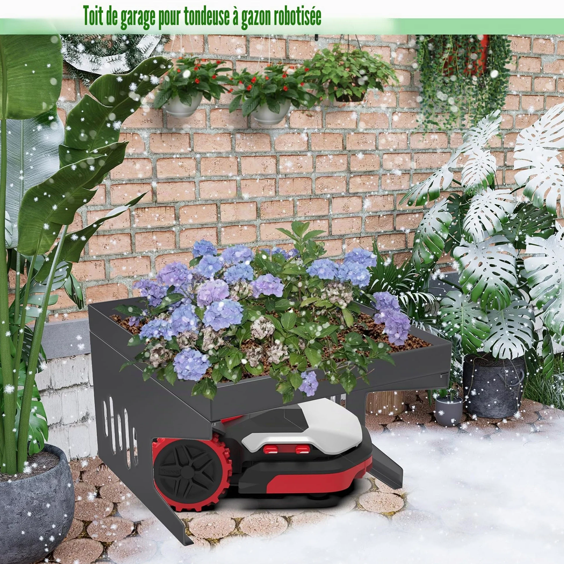 Toit de garage pour tondeuse robot - 70 x 60 x 43 cm - En métal - Protection contre la pluie et le soleil - Avec bac à plantes - Résistant aux intempéries - Pour la plupart des robots à gazon