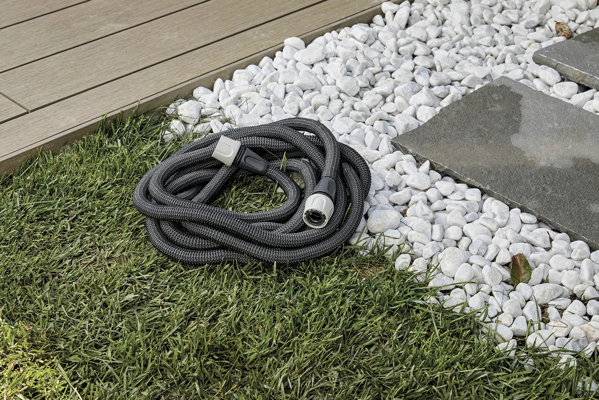 G.F. SRL Aquapop Grey Easy 10 Tuyau en tissu auto-rallongeant de 10 m, fabriqué en Italie, avec mini pulvérisateur de jardin et raccords pour arroser les jardins, gris foncé