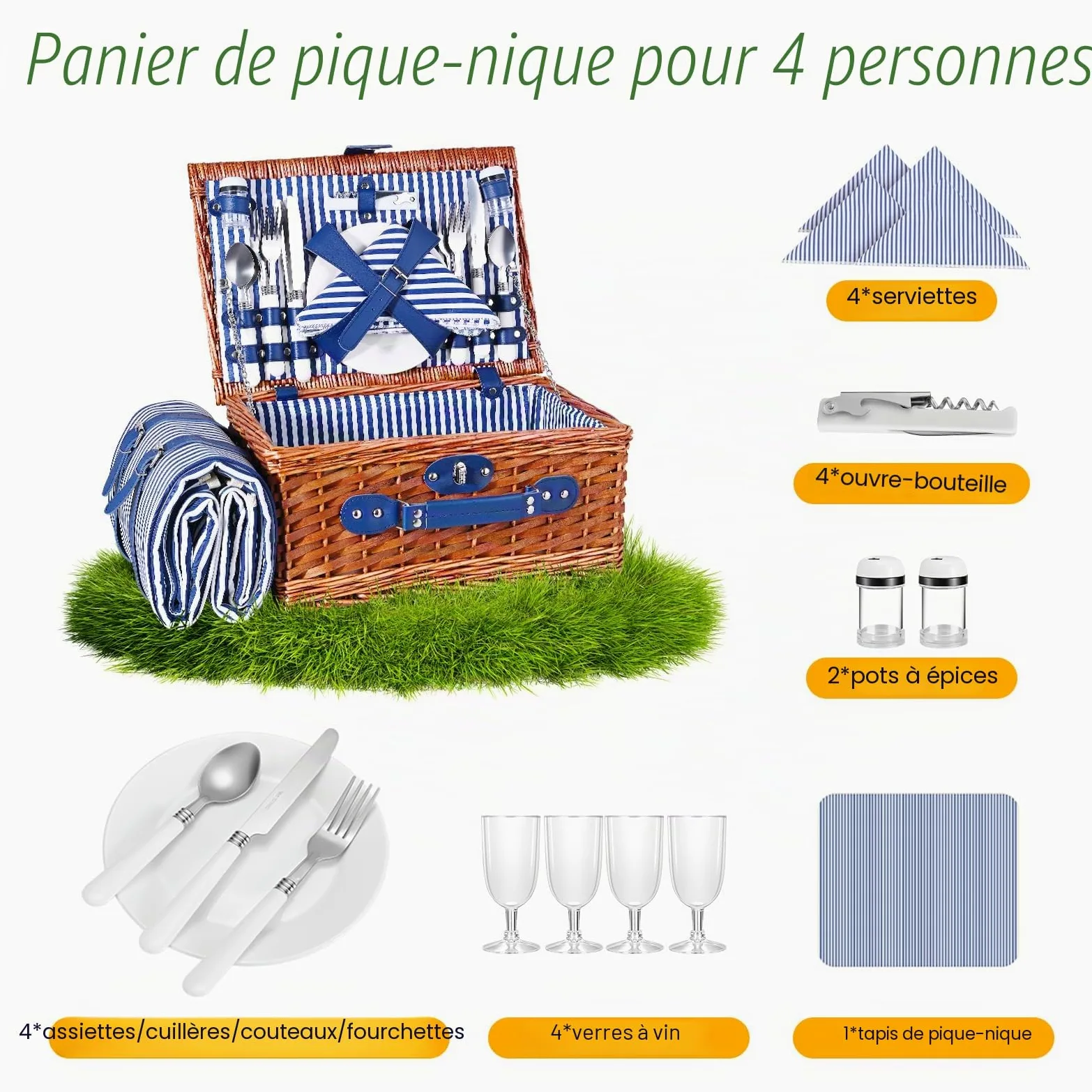 Panier de Pique Nique pour 4 Personnes,Couleeur Panier Pique Nique en Osier avec Couverture Pique-Nique Imperméable et Couverts, Panier Picnic pour Camping, Rose (Bleu 4 Personnes)