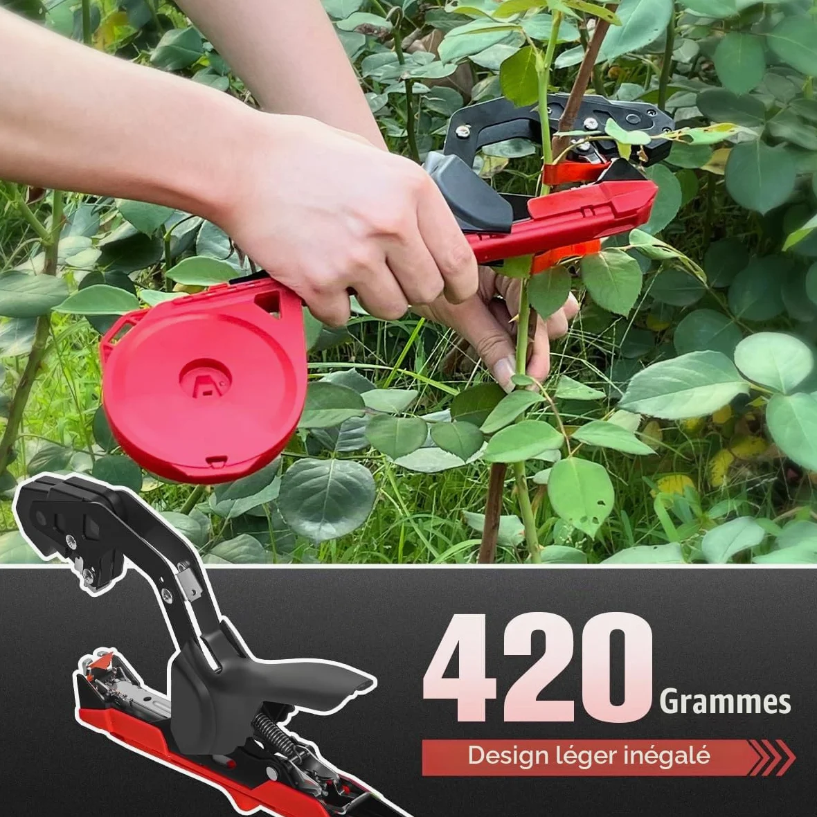 Machine à Nouer Les Plantes Professionnelle Attacheuse Rapide pour Tomates, Vignes, Concombres, Fleurs et Légumes – Idéale pour Jardiniers, avec Ruban et Agrafes Inclus, Rouge/Noir