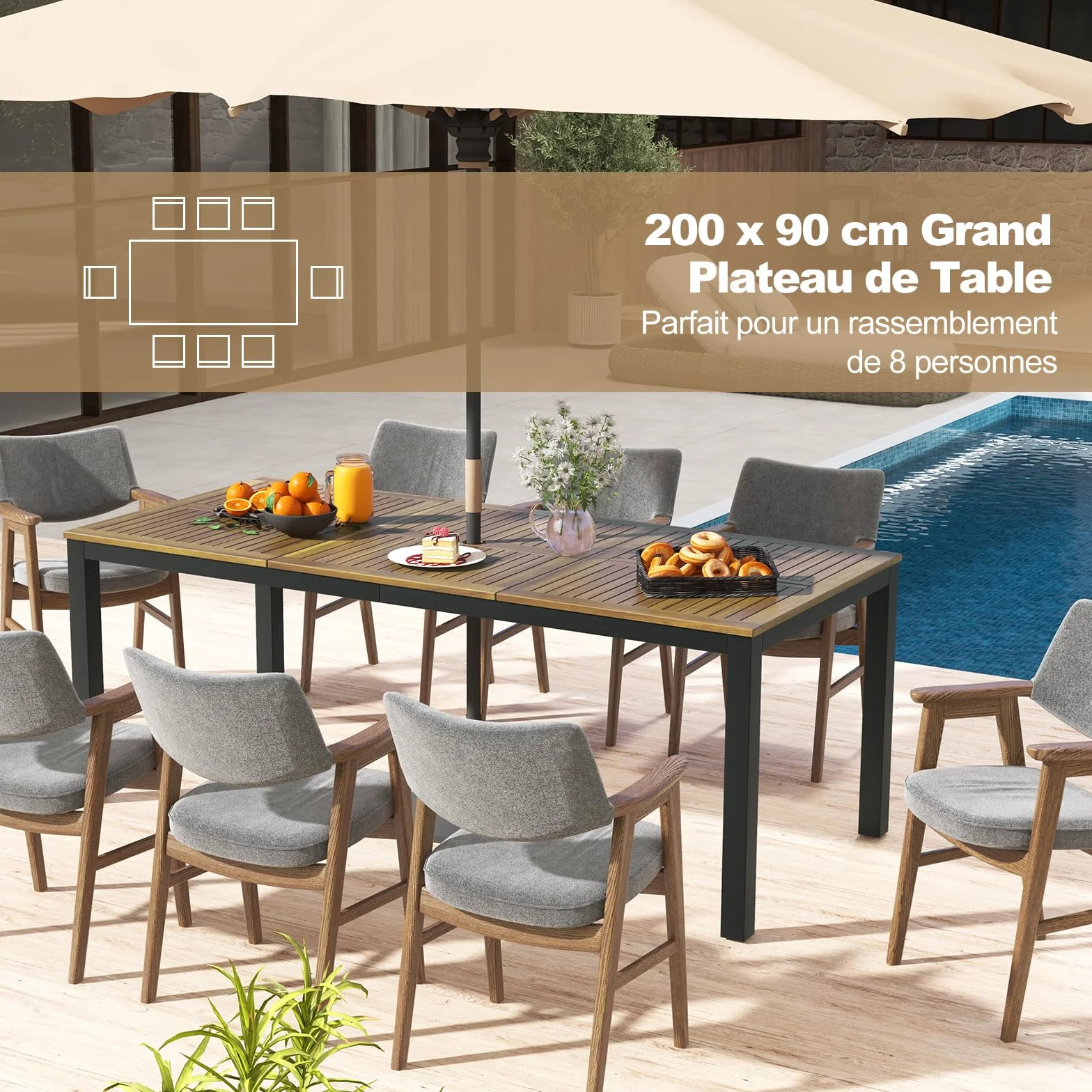 COSTWAY Table de Jardin 200 CM 8 Personnes, Table Exterieur en Bois d’Acacia avec Trou de Parasol, Pieds Métal
