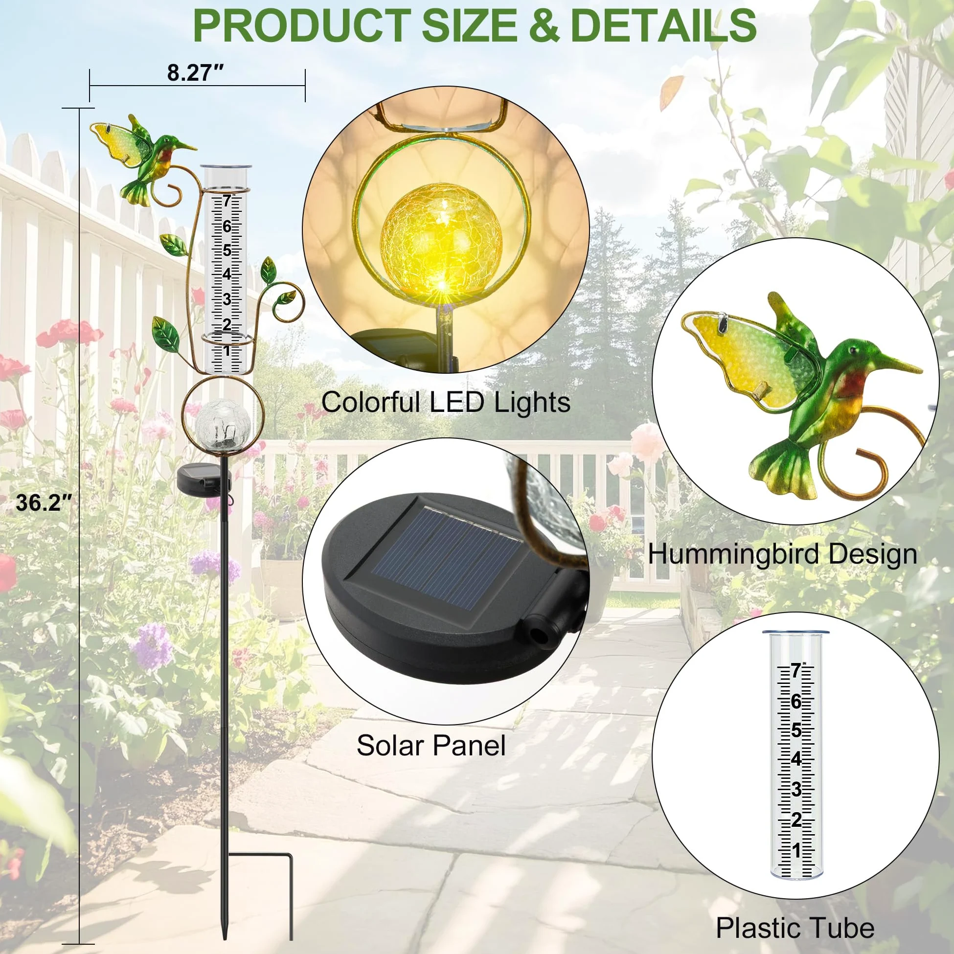 Pluviomètre d'extérieur – Jauge de pluie solaire en forme de colibri décorative avec lumières LED à changement de couleur en forme de boule fissurée de 17,8 cm Tube résistant au gel pour l'extérieur