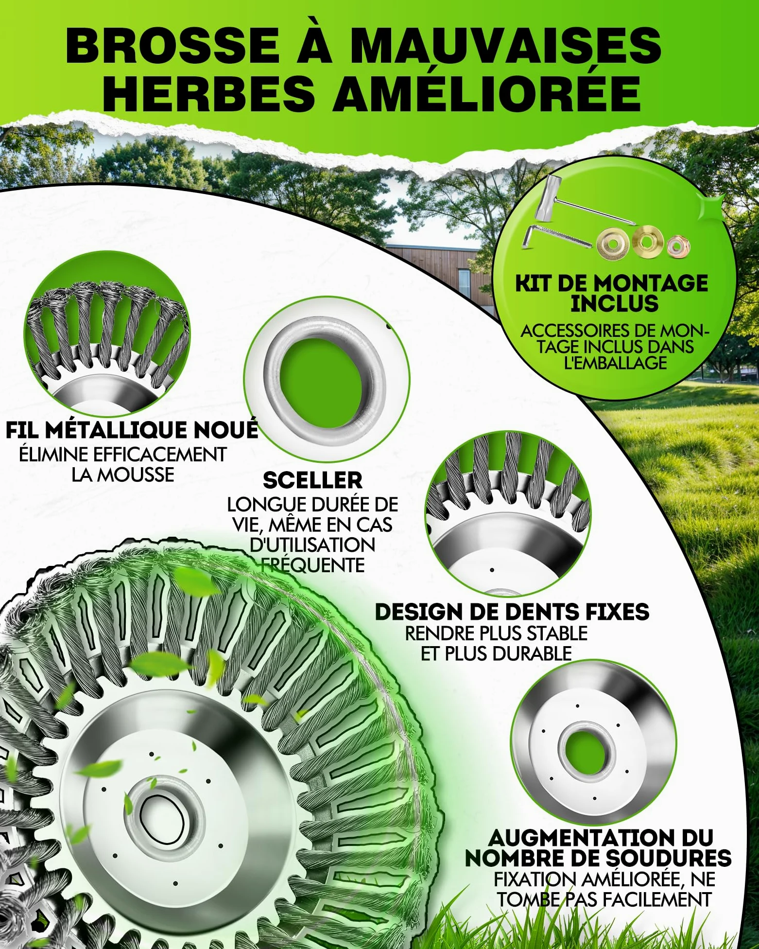 Profi ! Lot de 2 brosses anti-mauvaises herbes 25,4 x 200 mm Haute stabilité Très robuste Montage facile