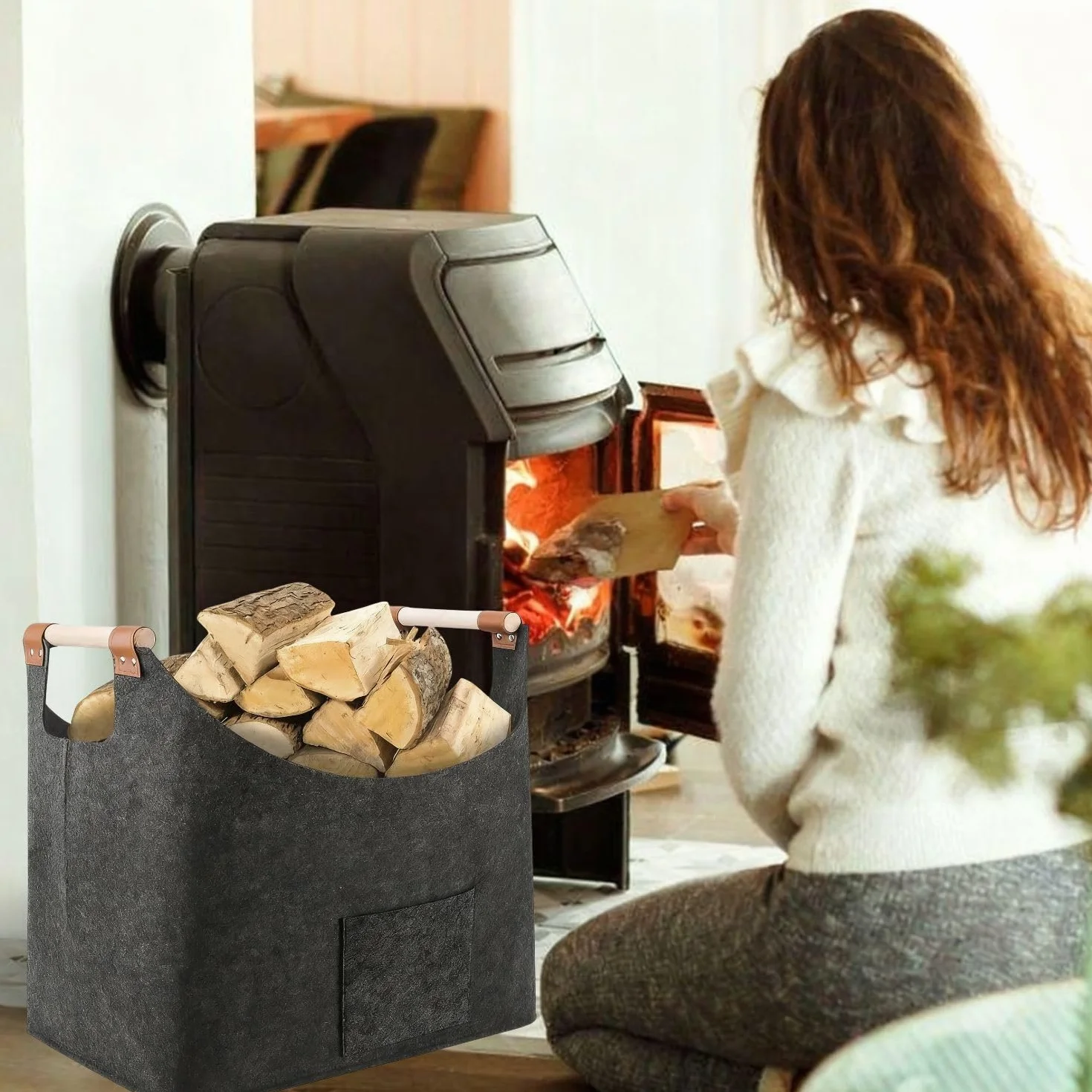 Panier à Bois en Feutre Pliable Gris Foncé avec Poche, Grand pour Intérieur Journaux et Jouets