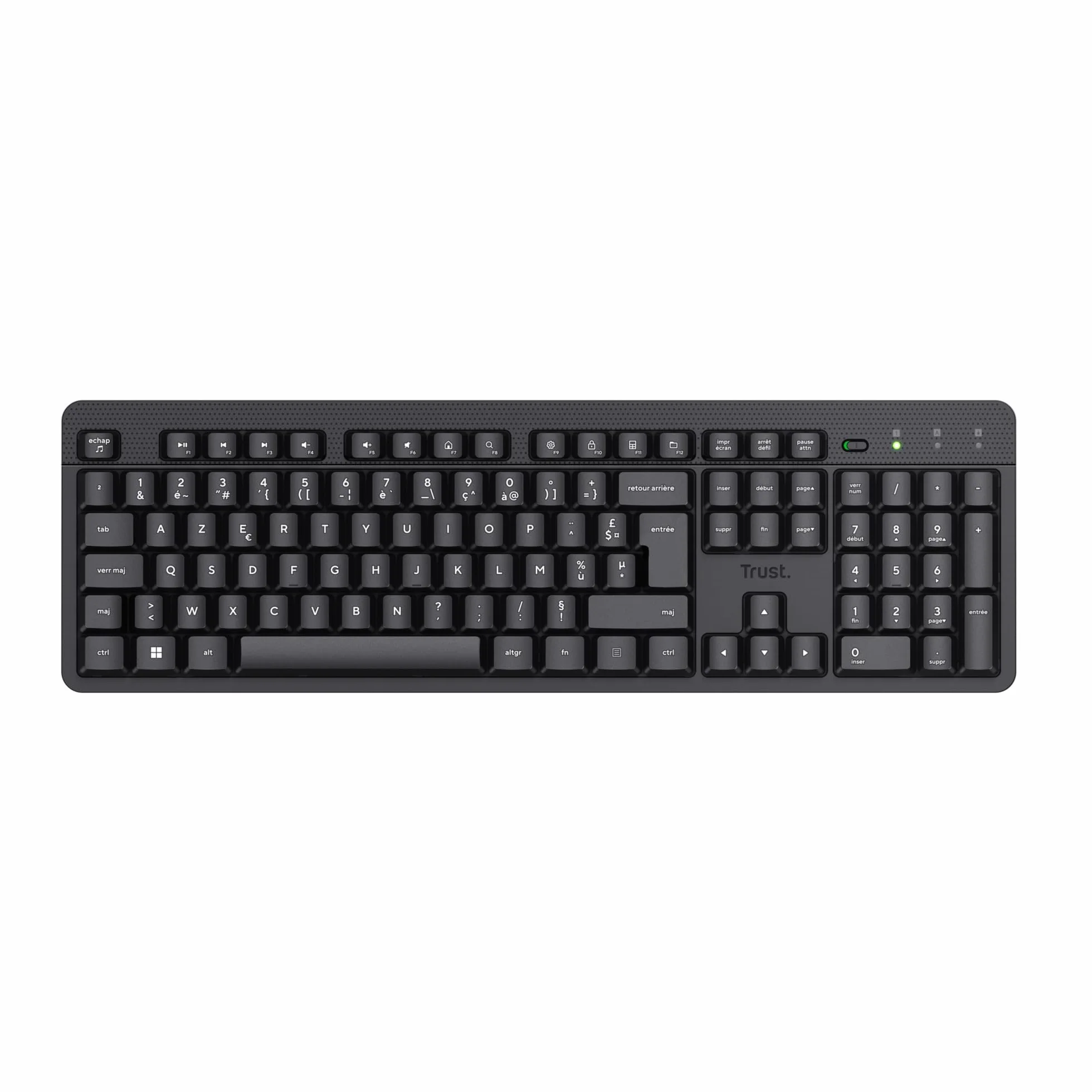 Clavier sans Fil Silencieux AZERTY Français Trust ODY II, Touches Plates Flottantes, Résistant aux Éclaboussures, Récepteur USB RF 2.4GHz, Noir