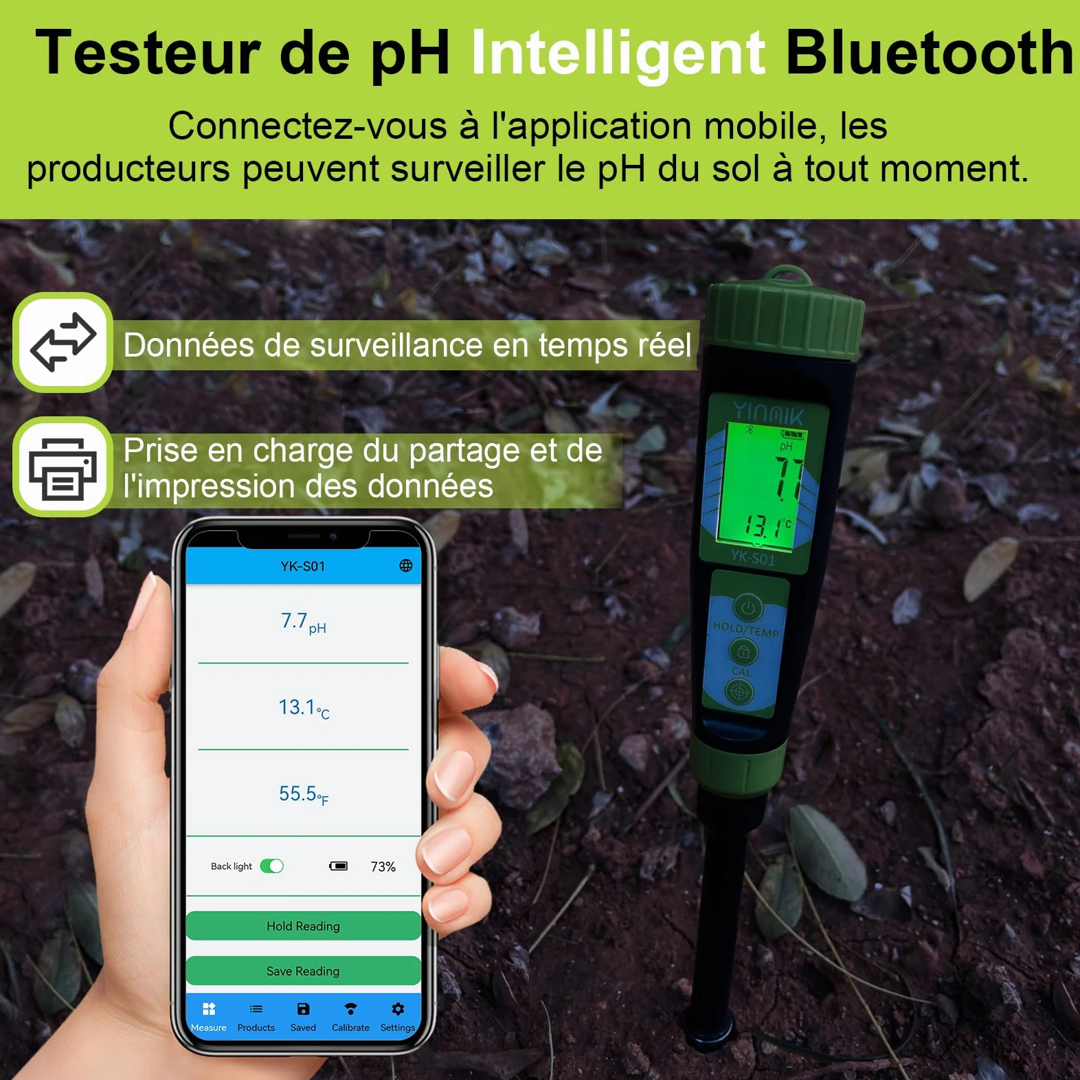 YINMIK Testeur de pH du Sol pour Jardiniers avec Sonde Supplémentaire | pH-Mètre Numérique pour Terre de Jardin, Mesure du pH de la Solution de Terreau, pH Mètre pour Sol, Hydroponie, Plante