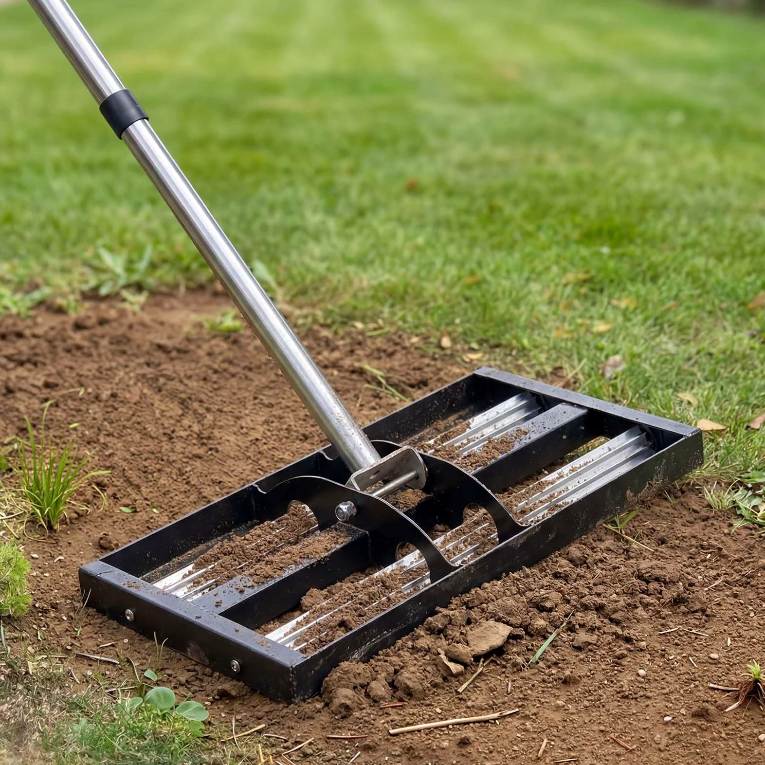 VEVOR Râteau de Nivellement de Pelouse avec Rouleaux 43,8x25,5 cm Niveleur de Gazon Acier Inoxydable, Outil de Nivellement pour Cour, Terrain de Golf, Jardin, avec Manche 161 cm Réglable en 4 Sections