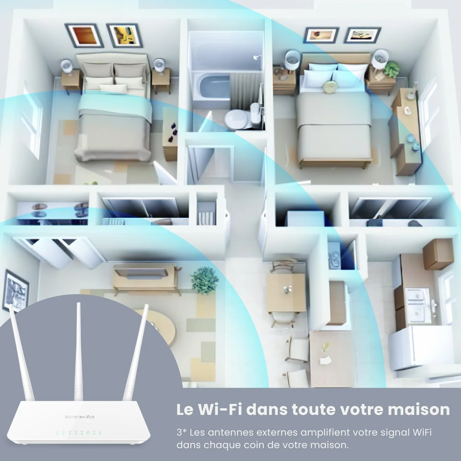 Routeur WiFi N300 Tenda F3 sans Fil 300 Mbps 2,4 GHz 3 Antennes 5dBi 3 Ports LAN/WAN Blanc