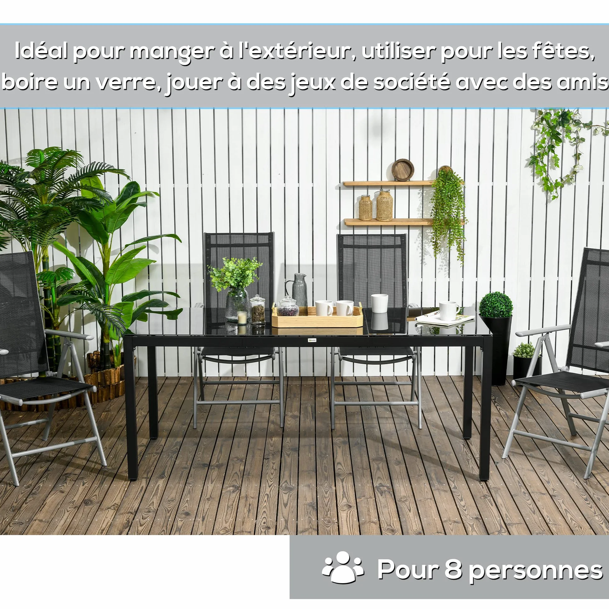 Outsunny Table de Jardin rectangulaire en Verre trempé Aluminium 180x80x72 cm Noir