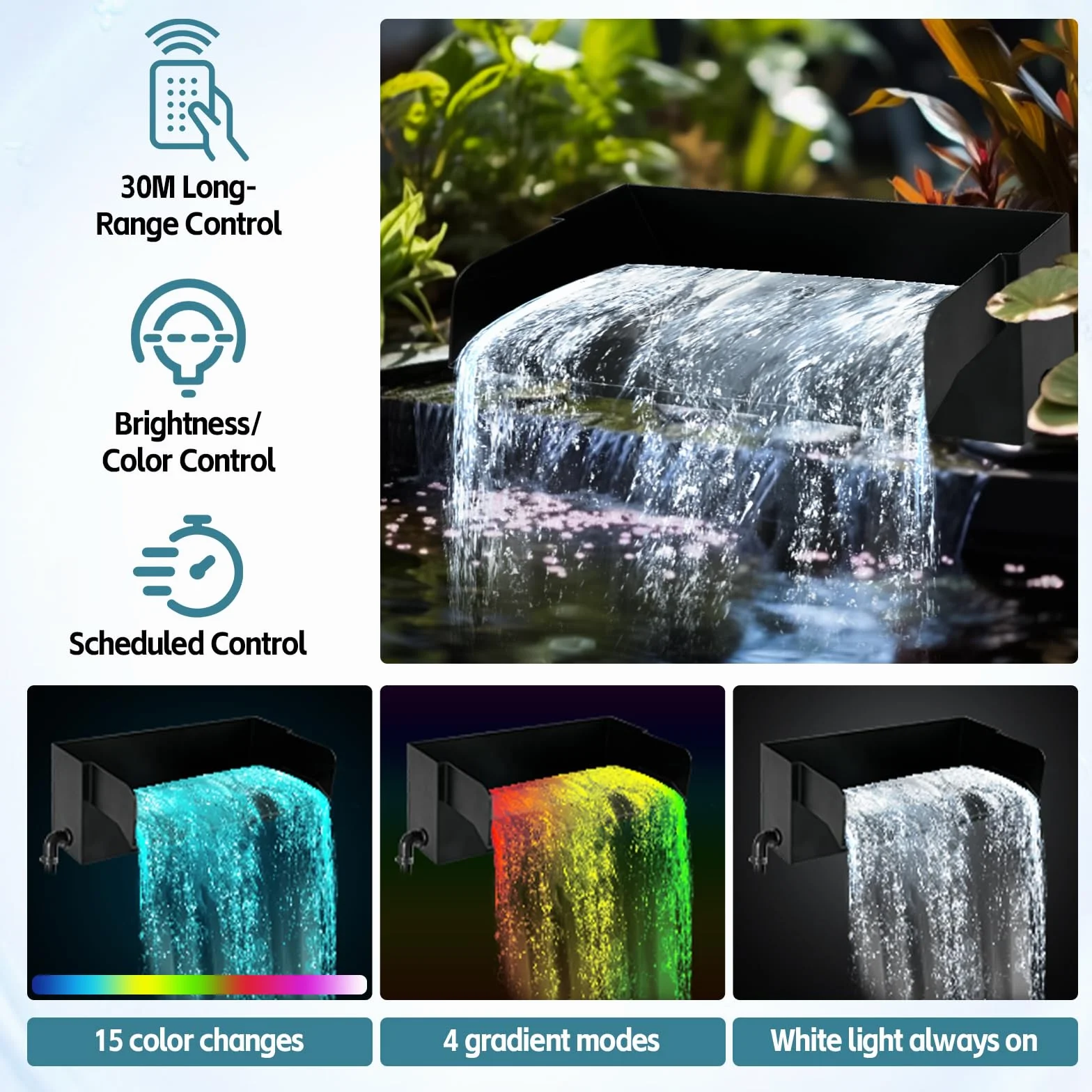 Cascade d'étang 30 cm LED Déversoir Kit Cascade Bassin 45 W 3000 l/h Pompe Télécommande