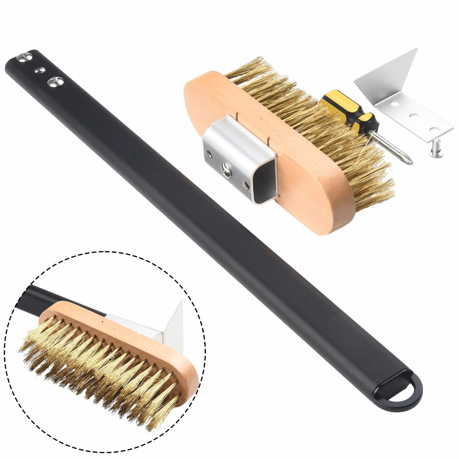 Brosse de four pour pierre à pizza avec racloir, poils en laiton et grattoir en acier inoxydable