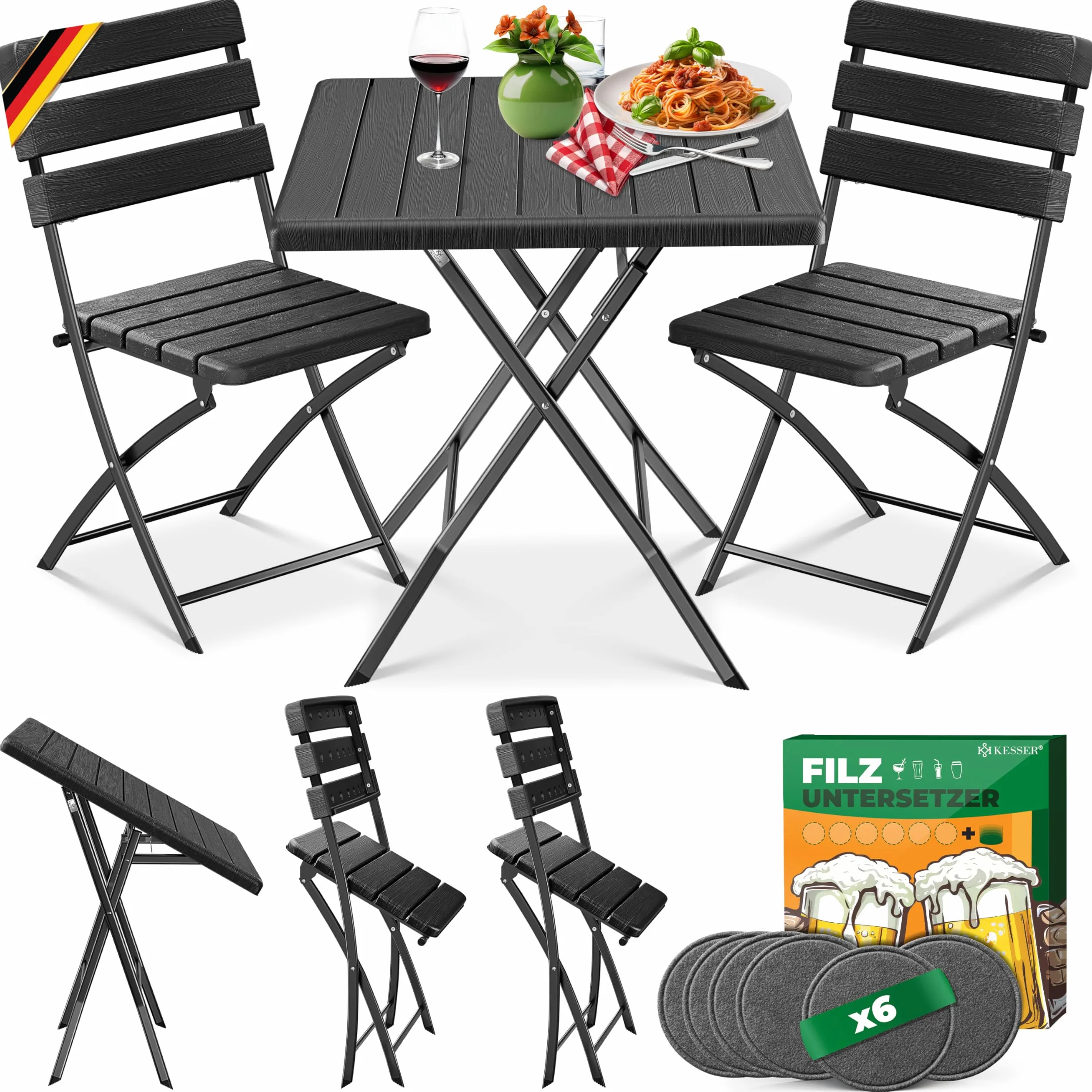 KESSER Ensemble de Bistrot 3 Pièces Pliable Acier Bois Balcon Résistant Intempéries UV