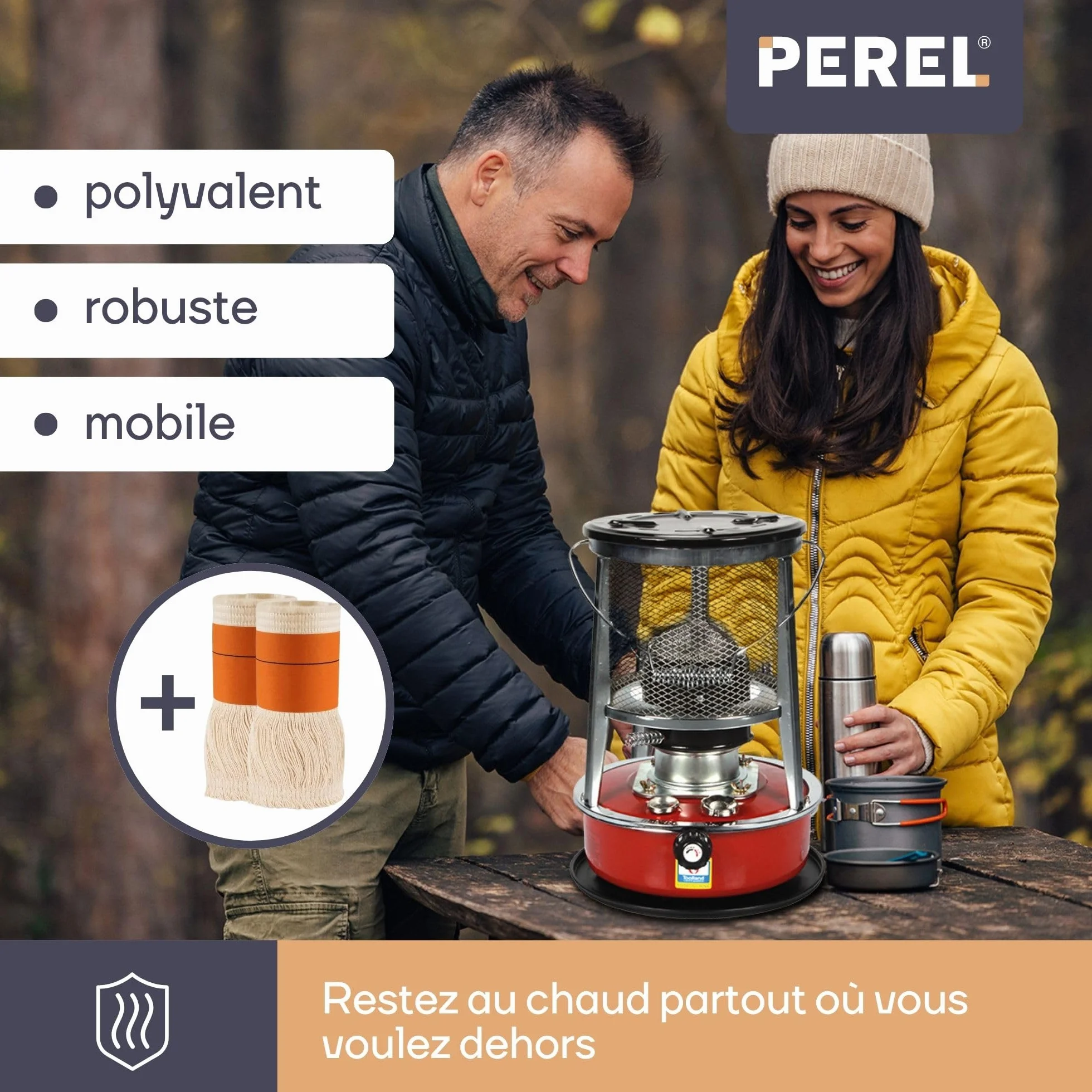 Chauffage à pétrole portable 2600W avec mèche + 2 rechanges, poêle extérieur camping tente 4,6L 18h