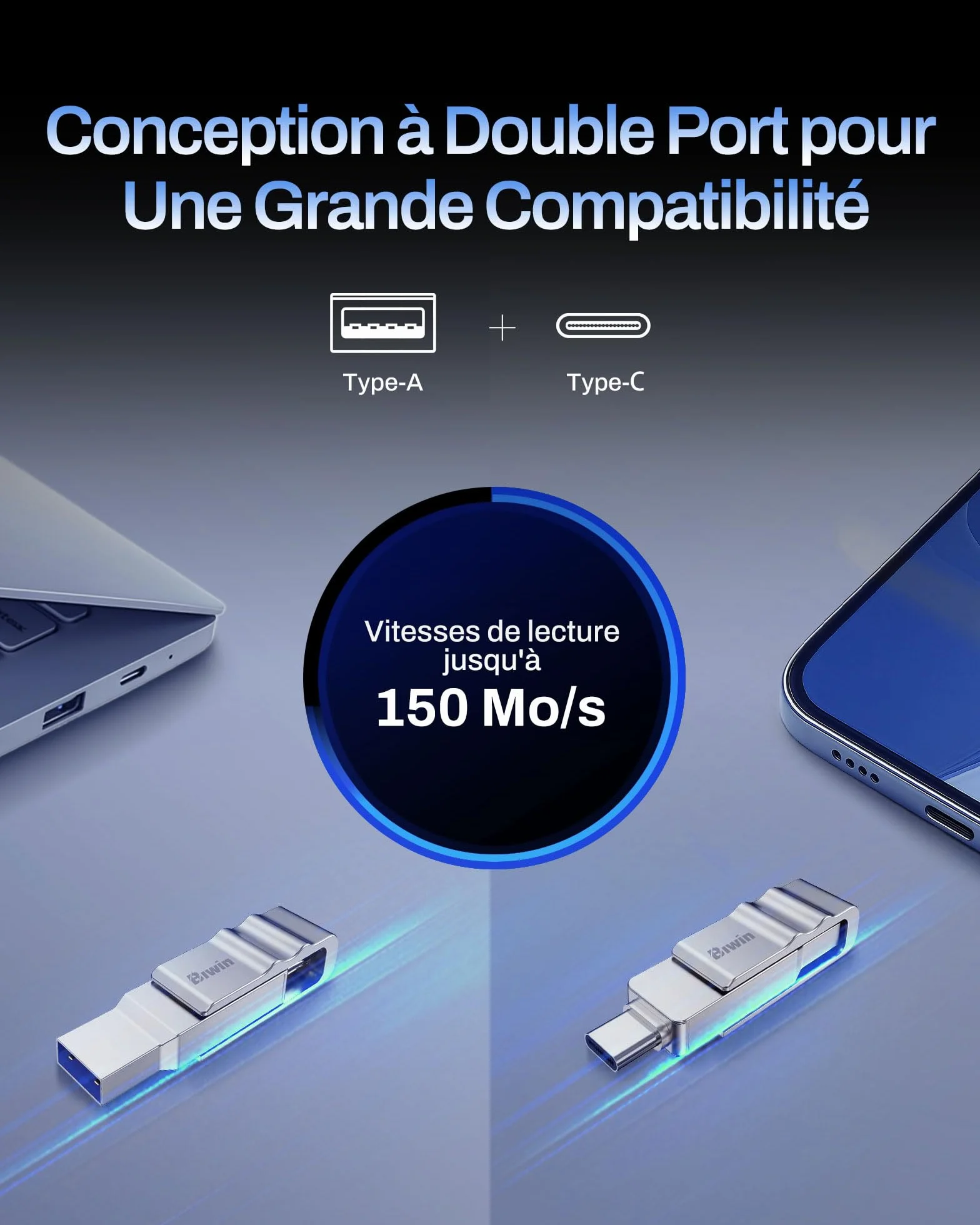 Biwin UD150 Clé USB 3.0 64 Go, Vitesses de Transfert 150 Mo/s, USB Type-C Type-A