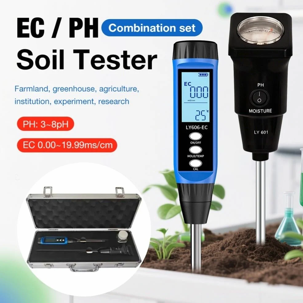Testeur numérique de pH et de conductivité, 3-14pH et 0-19,99 mS/cm Testeur de sol avec écran LCD, compensation automatique de la température, sonde portable pour agriculture de jardin agricole