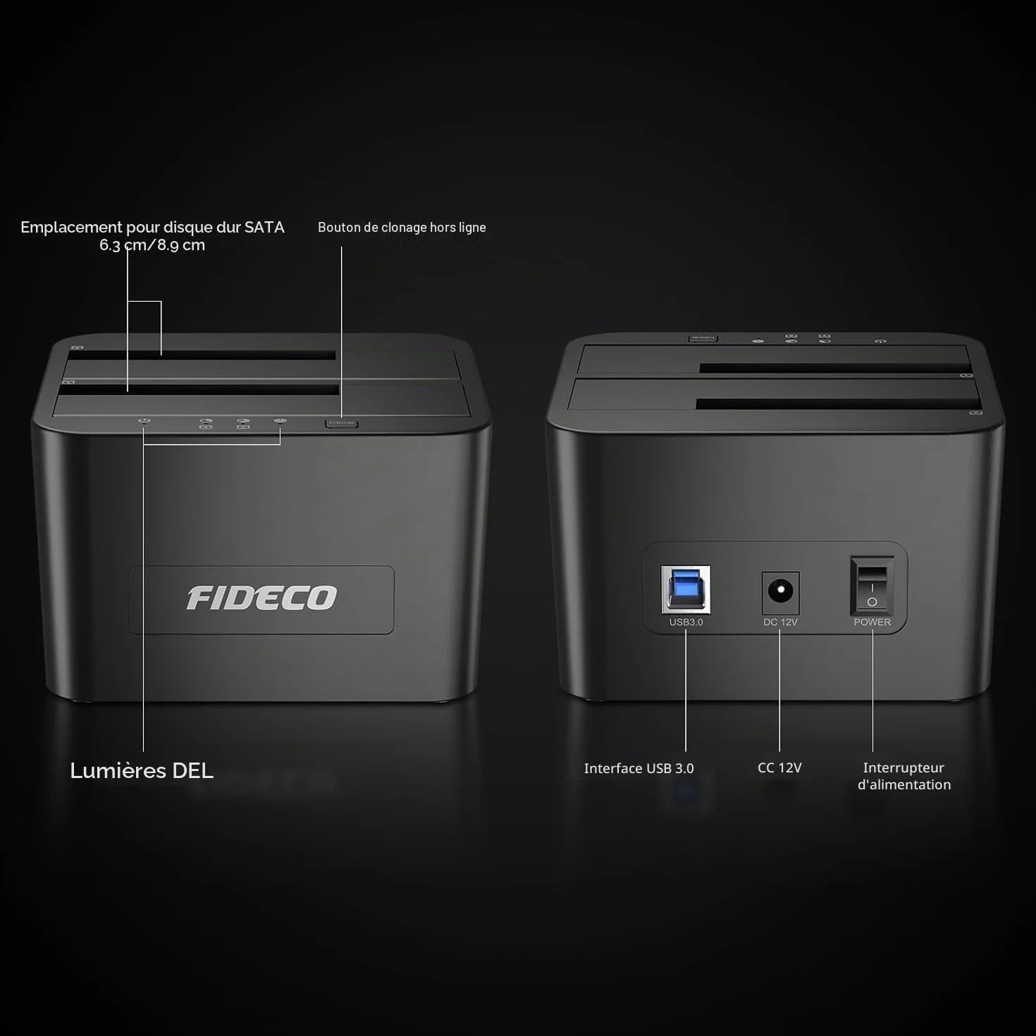 FIDECO Station d'accueil pour Disque Dur USB 3.0 Double Baie SATA HDD SSD 2.5 3.5 Pouces Clone Hors Ligne