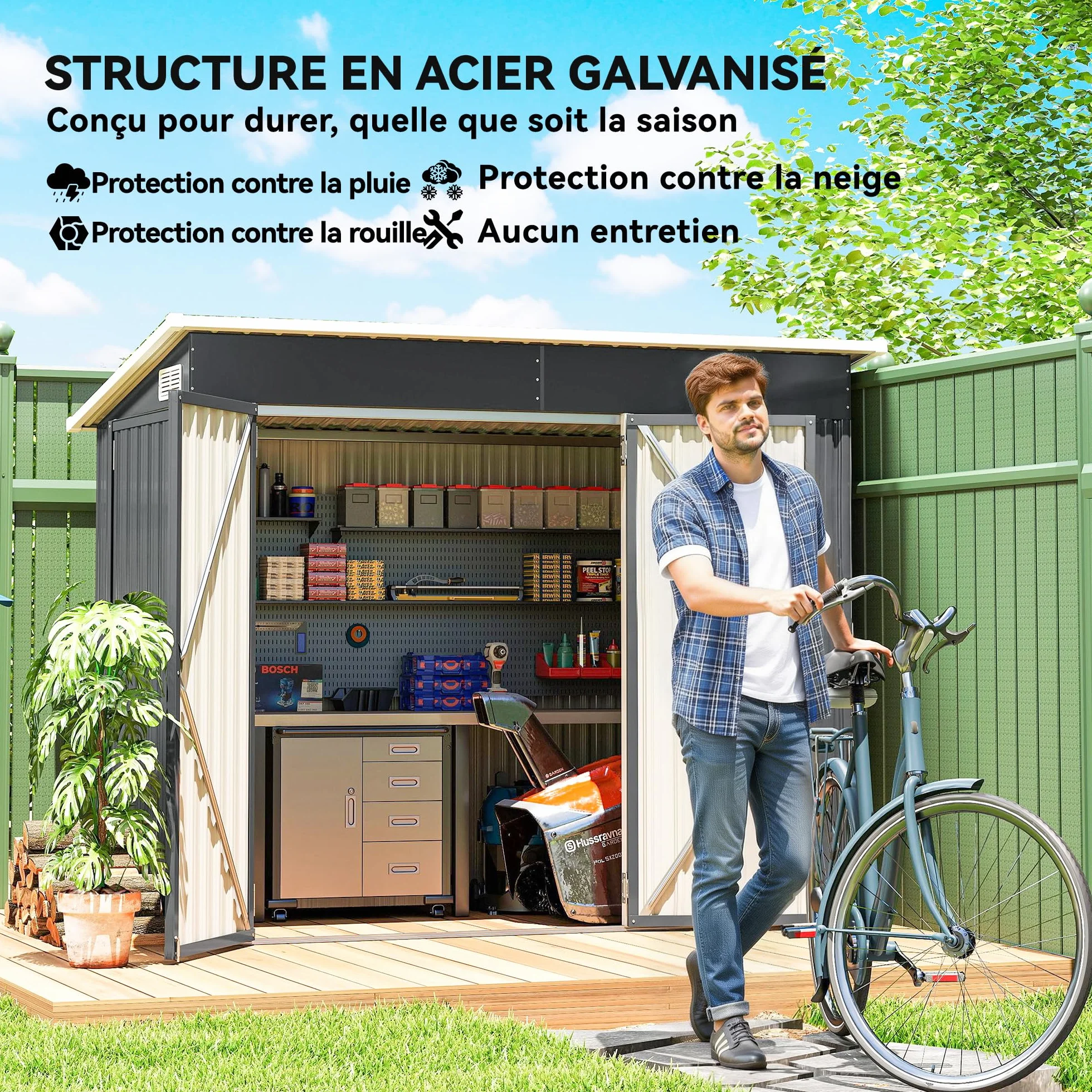 Outsunny Abri de Jardin métal 234 x 132 x 185 cm Triple Porte verrouillable Toit incliné Acier galvanisé Gris foncé