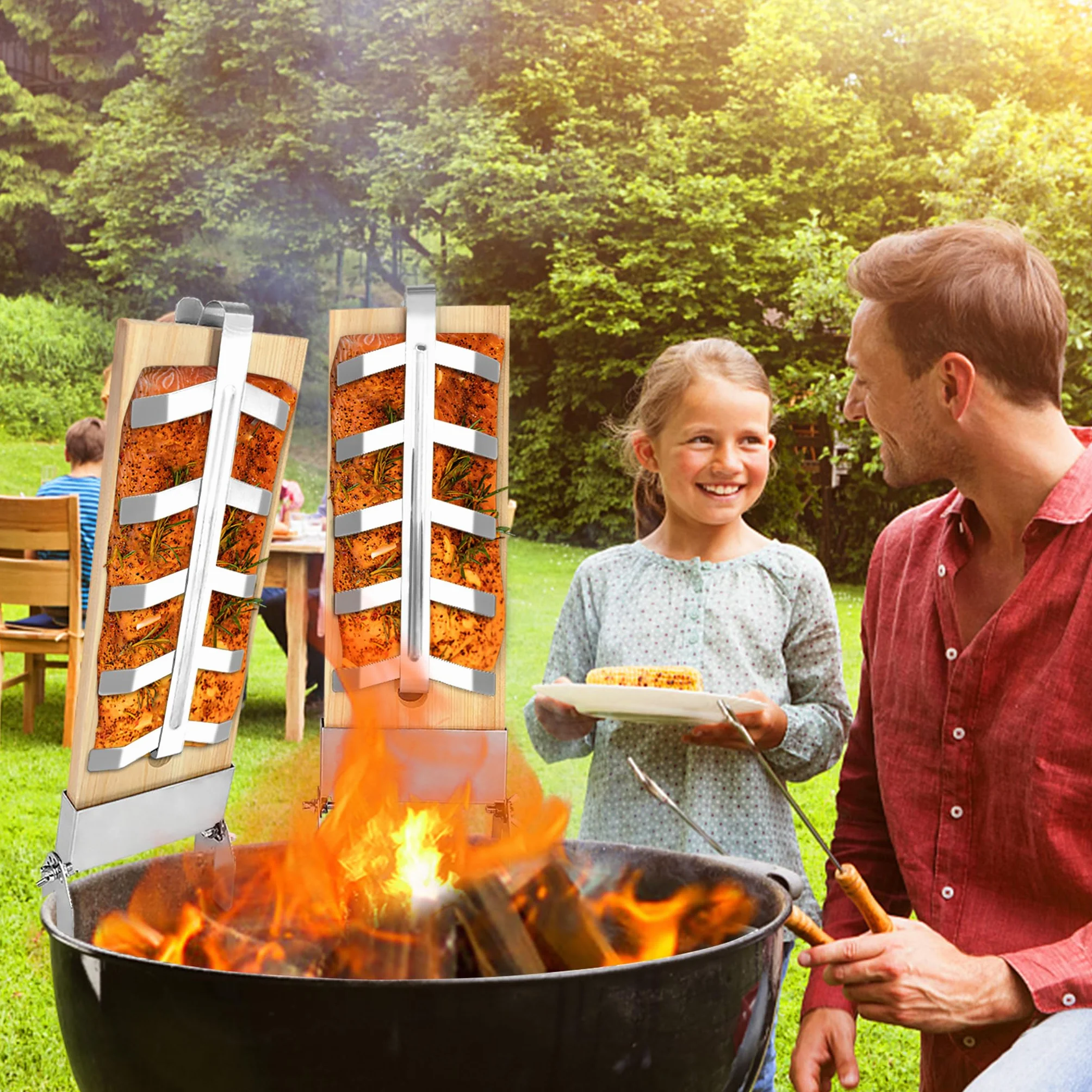 LZQ Lot de 4 planches à saumon flambé avec support en acier inoxydable 5 niveaux réglables