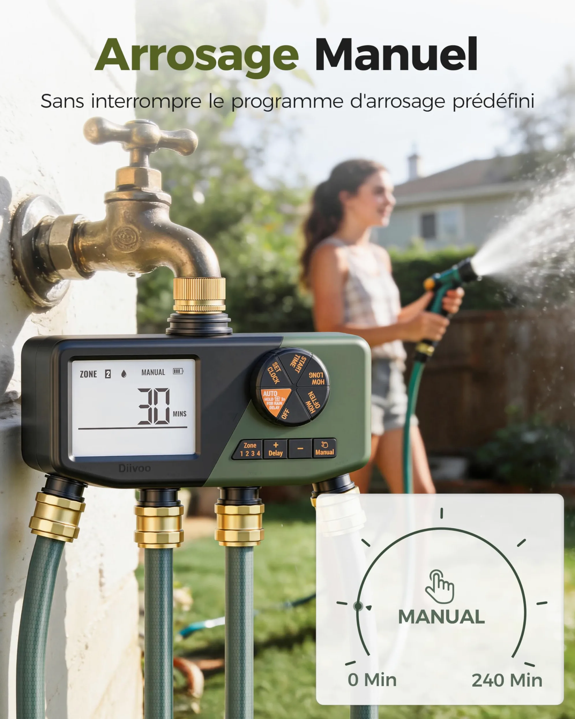 Diivoo IP68 Programmateur Arrosage 4 Voies avec Entrée en Laiton | Grand Écran LCD, Retard de Pluie, Arrosage Manuel/ Automatique, Convient pour Jardin, Pelouse