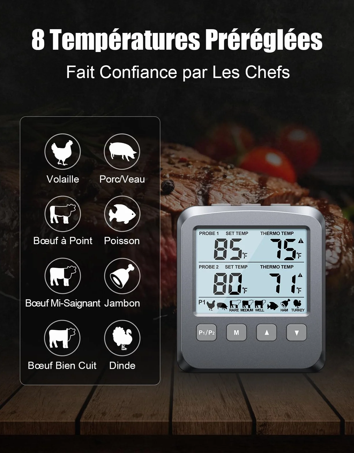 Thermomètre Cuisine Numérique Double Sonde avec Grand Écran LCD, Alarme et Lecture Rapide