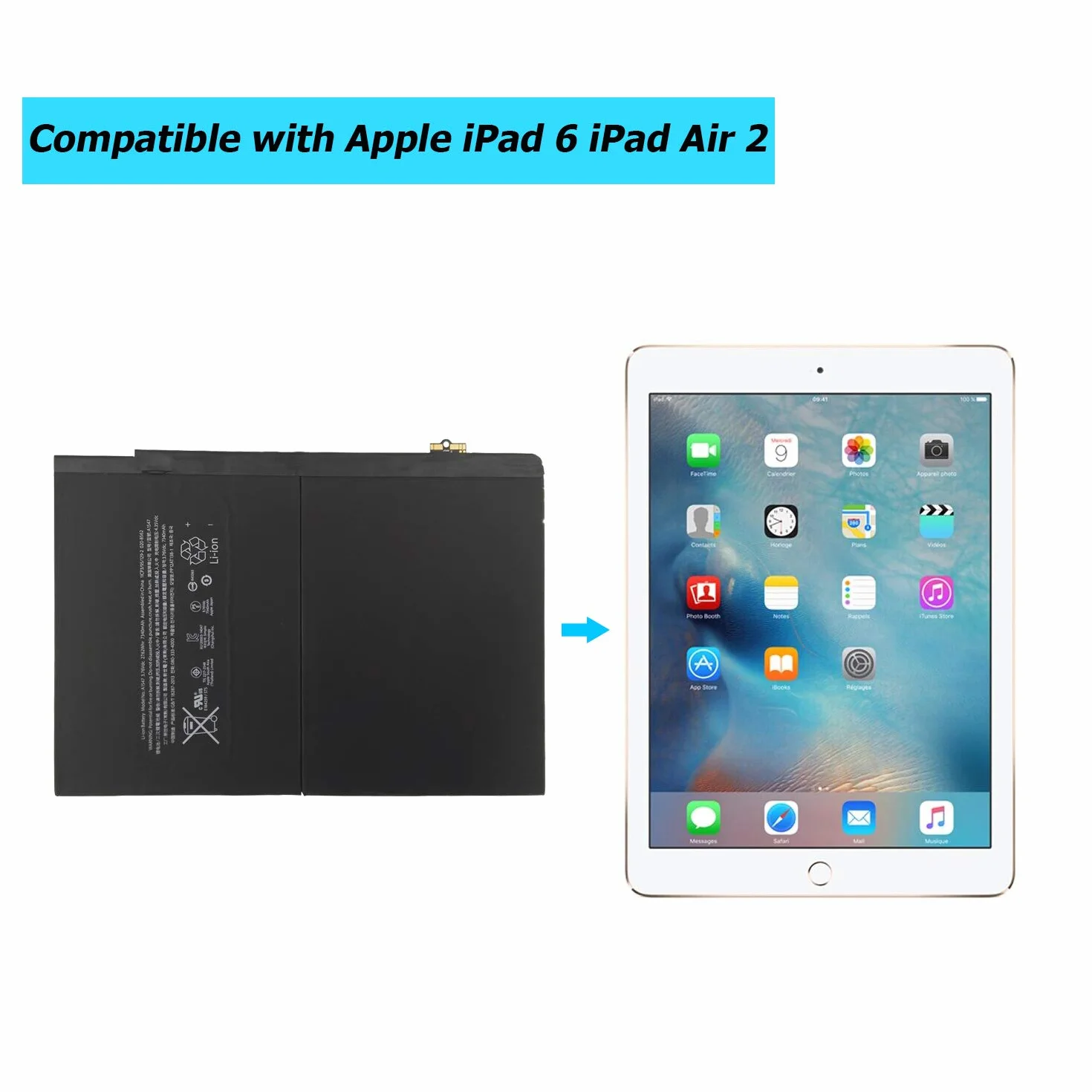 Batterie de rechange compatible Apple iPad Air 2 A1566 A1567 iPad6 7300 mAh