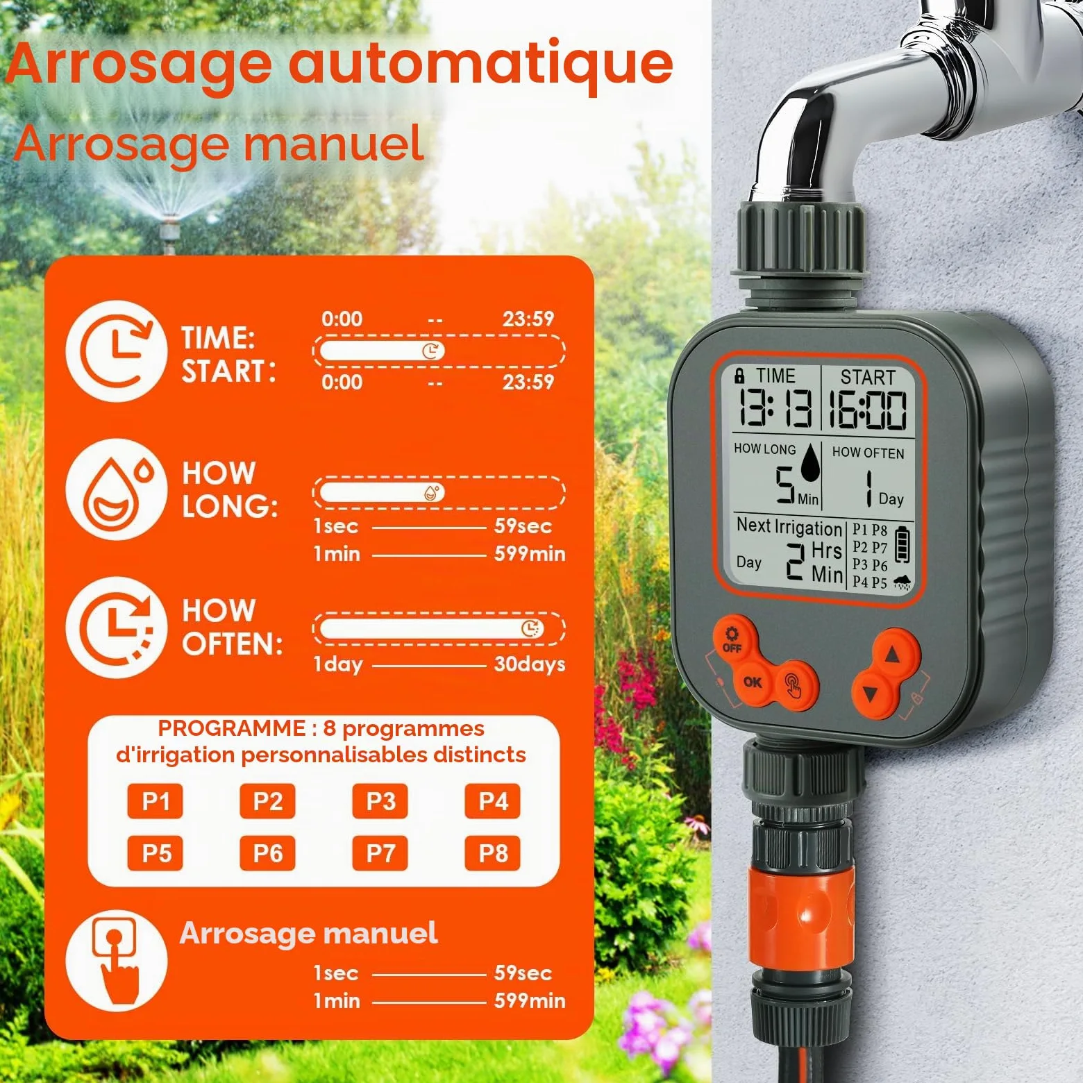 Système d'Irrigation Jardin 20M Tuyau avec Programmateur Arrosage Automatique, Retard de Pluie Minuterie d'arrosage, 8 programmes Grand Écran LCD, Kit Arrosage Micro Irrigation Goutte à Goutte