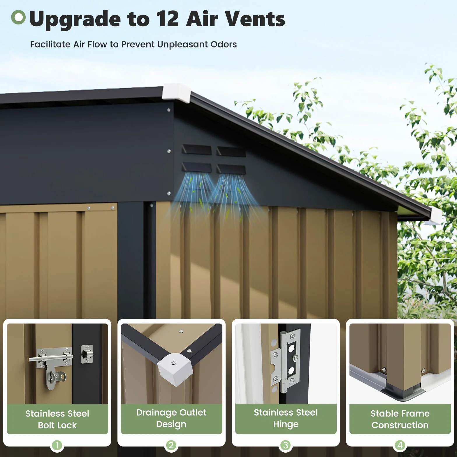UDPATIO Abri de Jardin Métal 164x101x181 cm Cabane Extérieur Toit Incliné Serrure Rangement Outils Vélo Marron