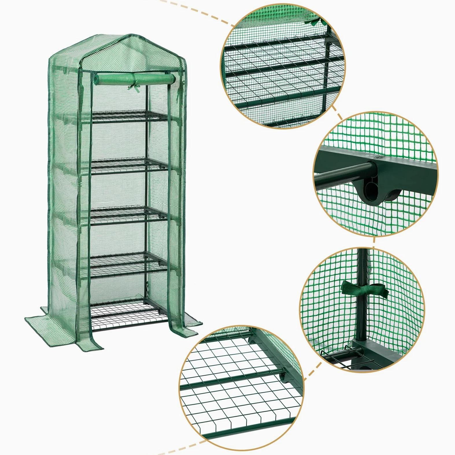 LARMNEE Mini Serre de Jardin 5 Étagère Grillagées, Cadre métallique et 140 g/m² PE Film Amovible, Porte Enroulable, Stable, Intérieur, Balcon, Terrasse, Jardin, 69 x 49 x 193 cm, Vert EGN05GH02