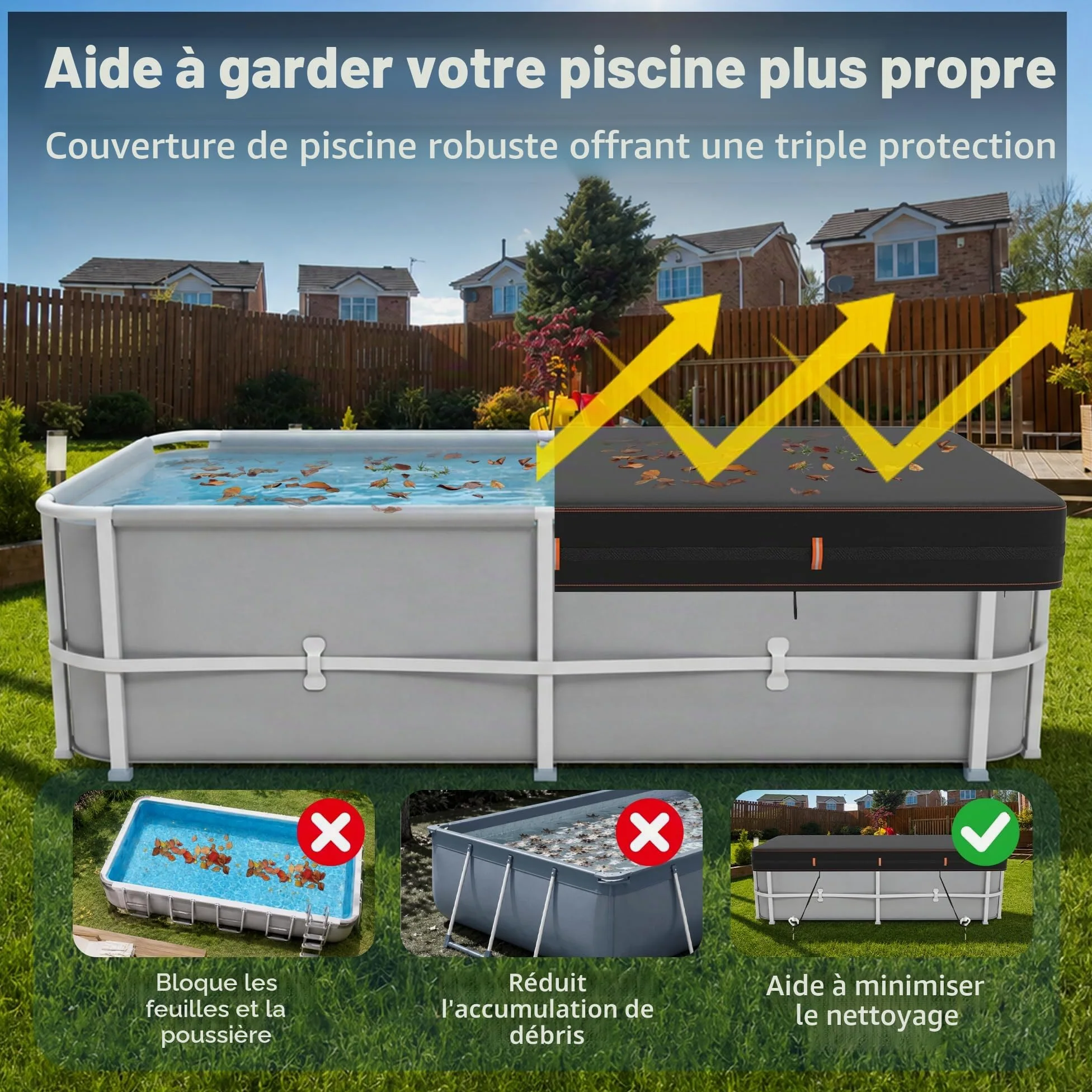 BâChe Rectangulaire 420D pour Piscine Hors Sol, RéSistante Aux UV Et Aux DéChirures, Disponible en Plusieurs Tailles 284x558cm, Protection Coupe-Vent avec Bandes RéFléChissantes.