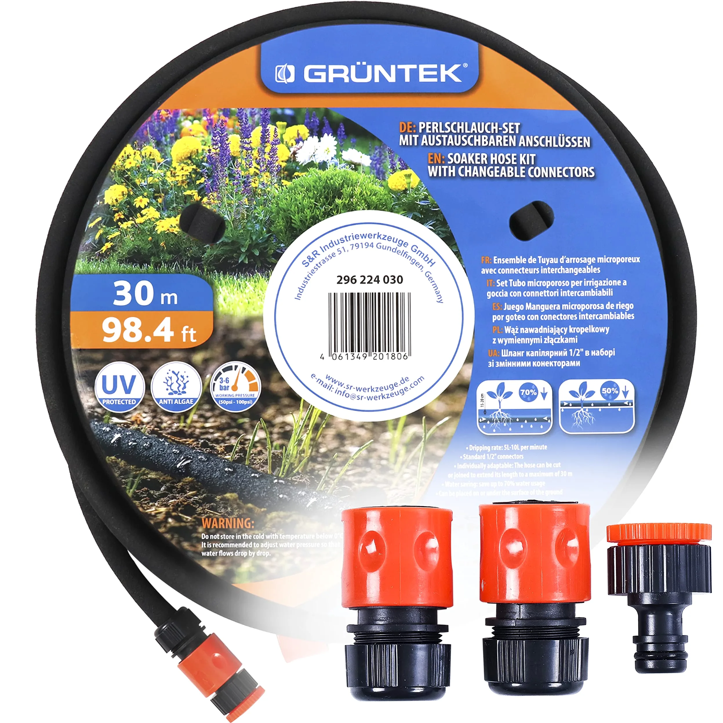 GRÜNTEK Tuyau Goutte à Goutte 30M. Tuyau Poreux Arrosage | Tuyau microporeux souterrain 30 M - Débit 5 à 10 L/min - Kit 3 raccords - Anti-algues - Résistant UV - Pression 3-6 bar