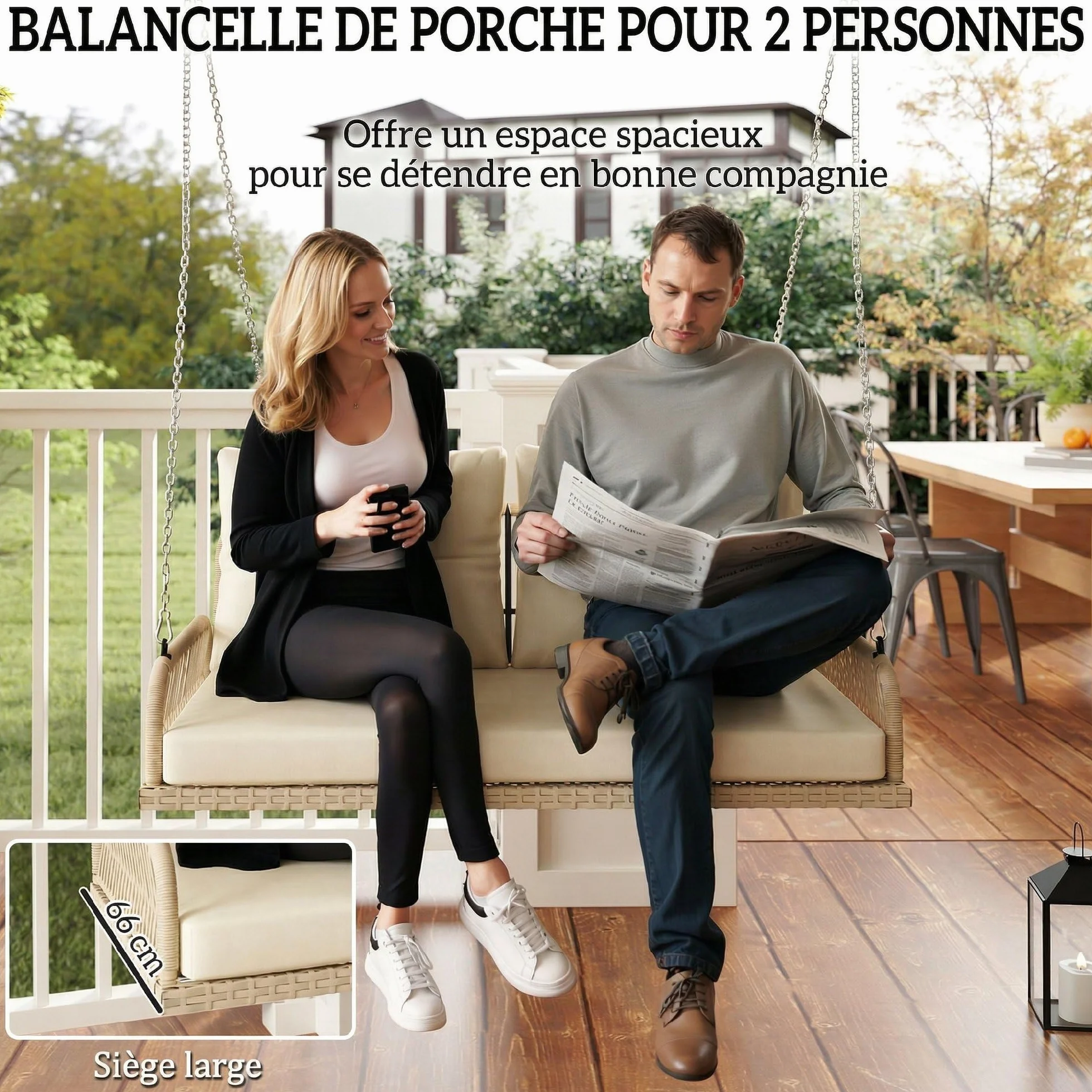 Outsunny Balancelle de Jardin en Résine Tressée 2 Places avec Coussins Amovibles, Charge 240 kg, 115x66x44cm, Beige
