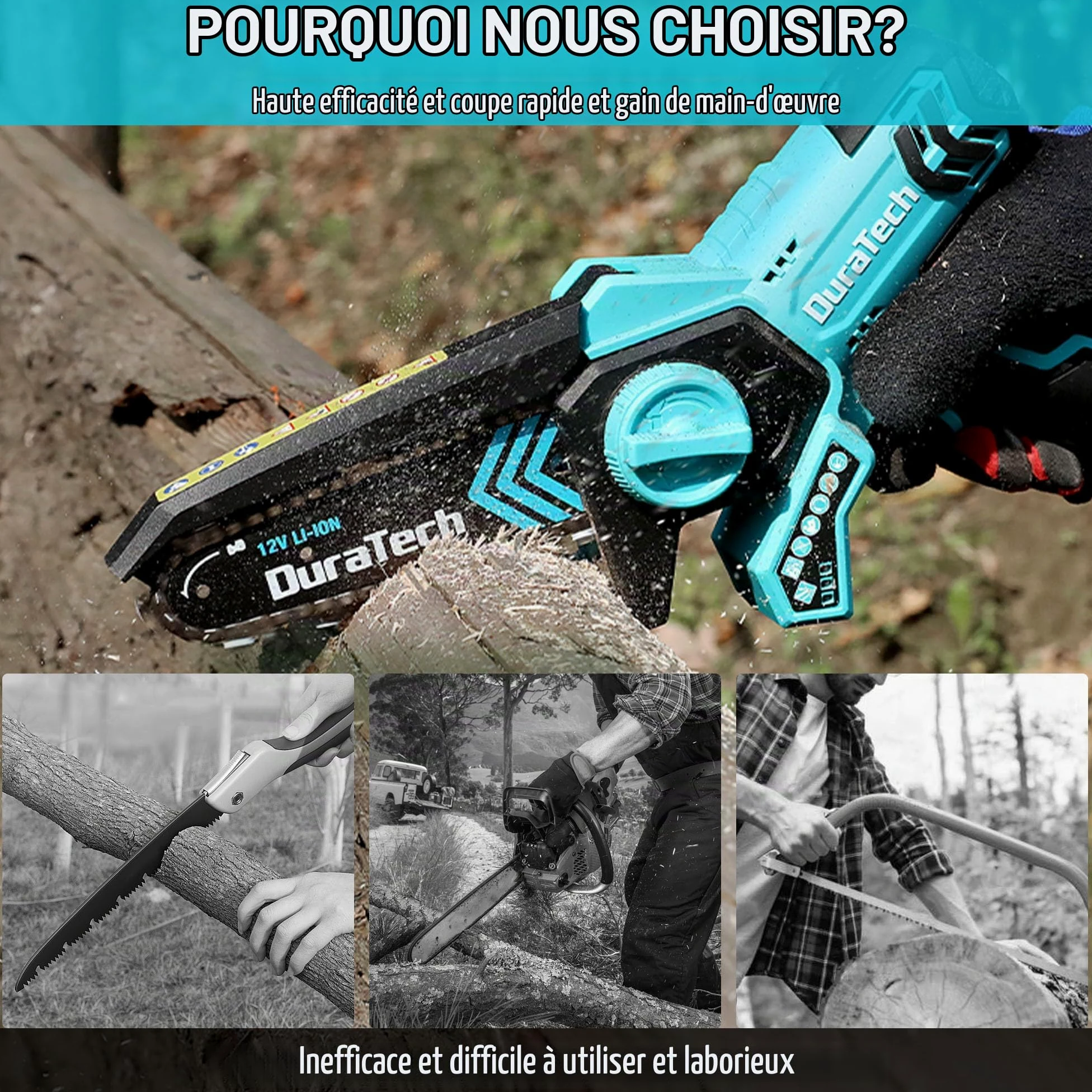 DURATECH Mini Tronçonneuse Sans Fil 12V, Scie Électrique 5 Pouces | 2 Batteries et 2 Chaînes, Idéale pour la Coupe du Bois et l'Élagage de Jardin