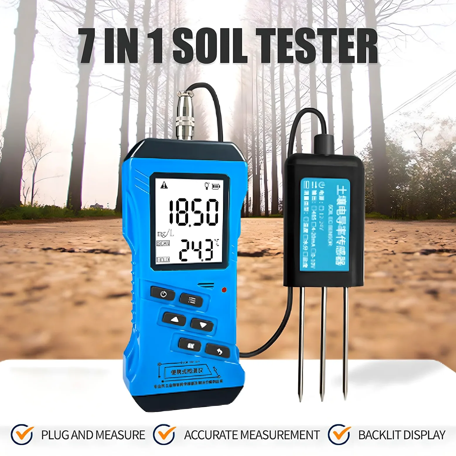 Testeur de sol, testeur de pH numérique avec écran LCD rétroéclairé, testeur NPK, capteur d'humidité et de température – Kit de test de sol de jardin pour pelouse, ferme, plantes d'intérieur/extérieur