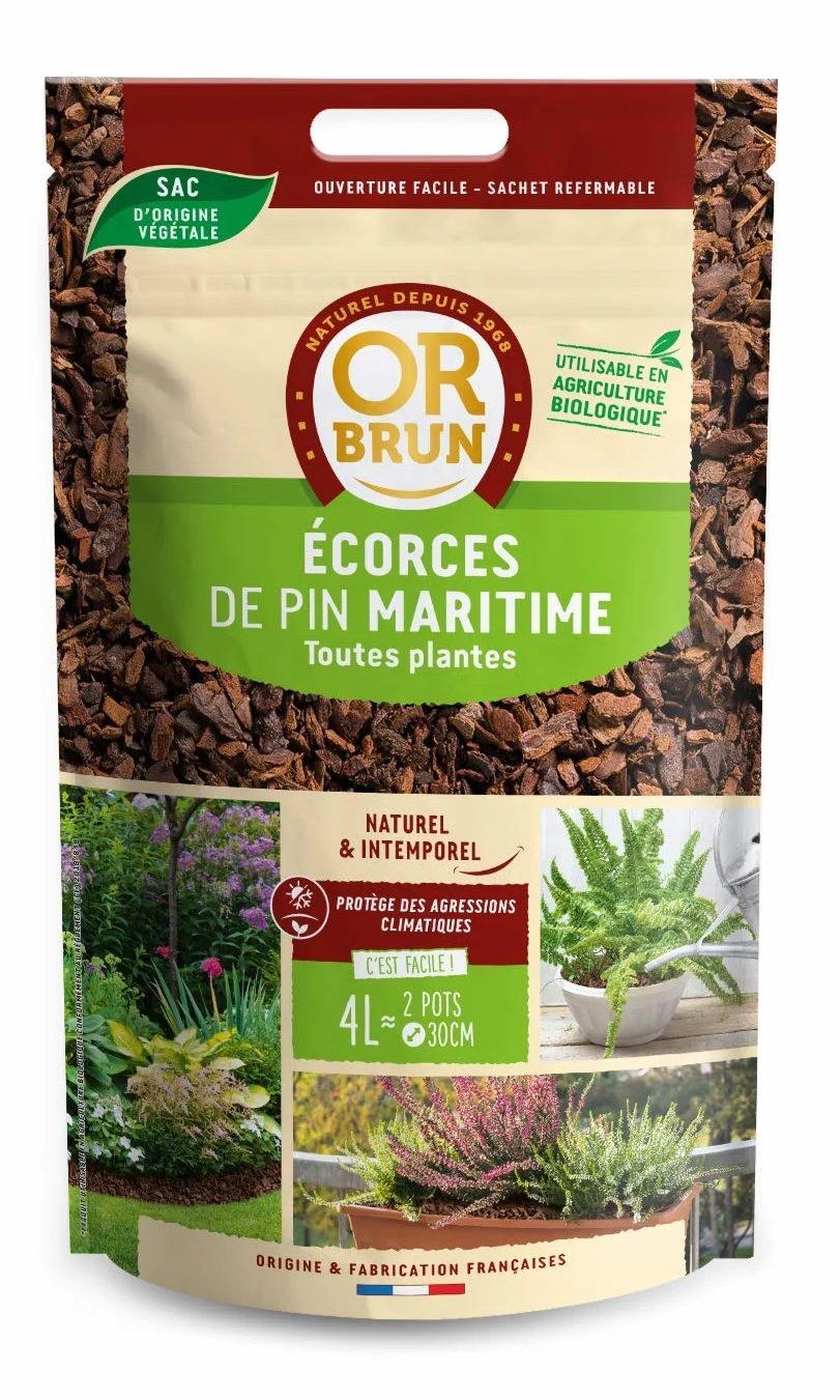Paillage Écorces de Pin Or Brun 4L Sachet Refermable Agriculture Biologique Fabriqué en France