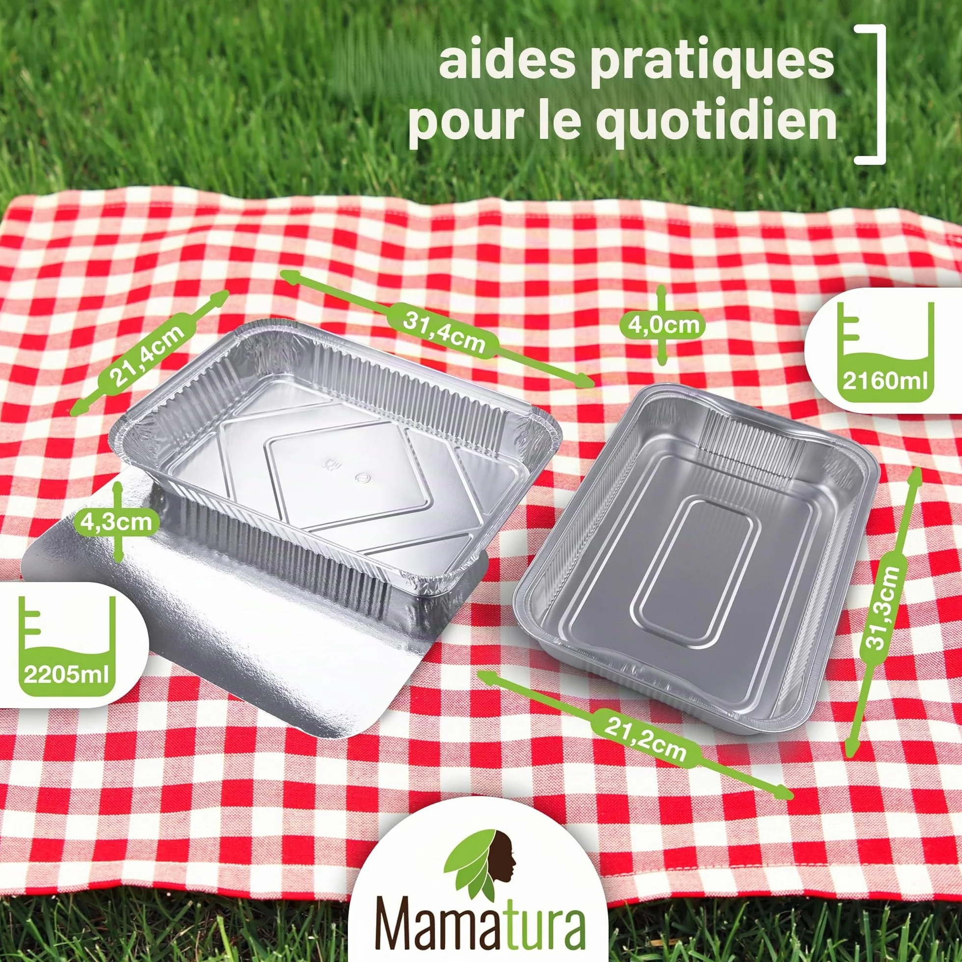 Mamatura Lot de 25 coupelles XL en aluminium avec couvercles 32 x 22 cm 2100 ml