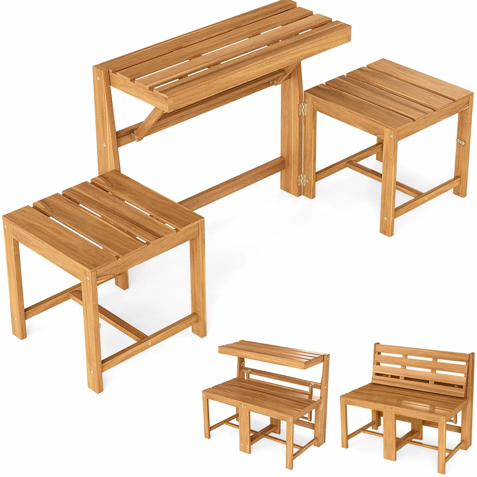 COSTWAY Salon de Jardin 3 en 1 Banc 2 Places Table Rectangulaire Chaises Extérieur Bois d'Acacia Dossiers Inclinés Siège à Lattes