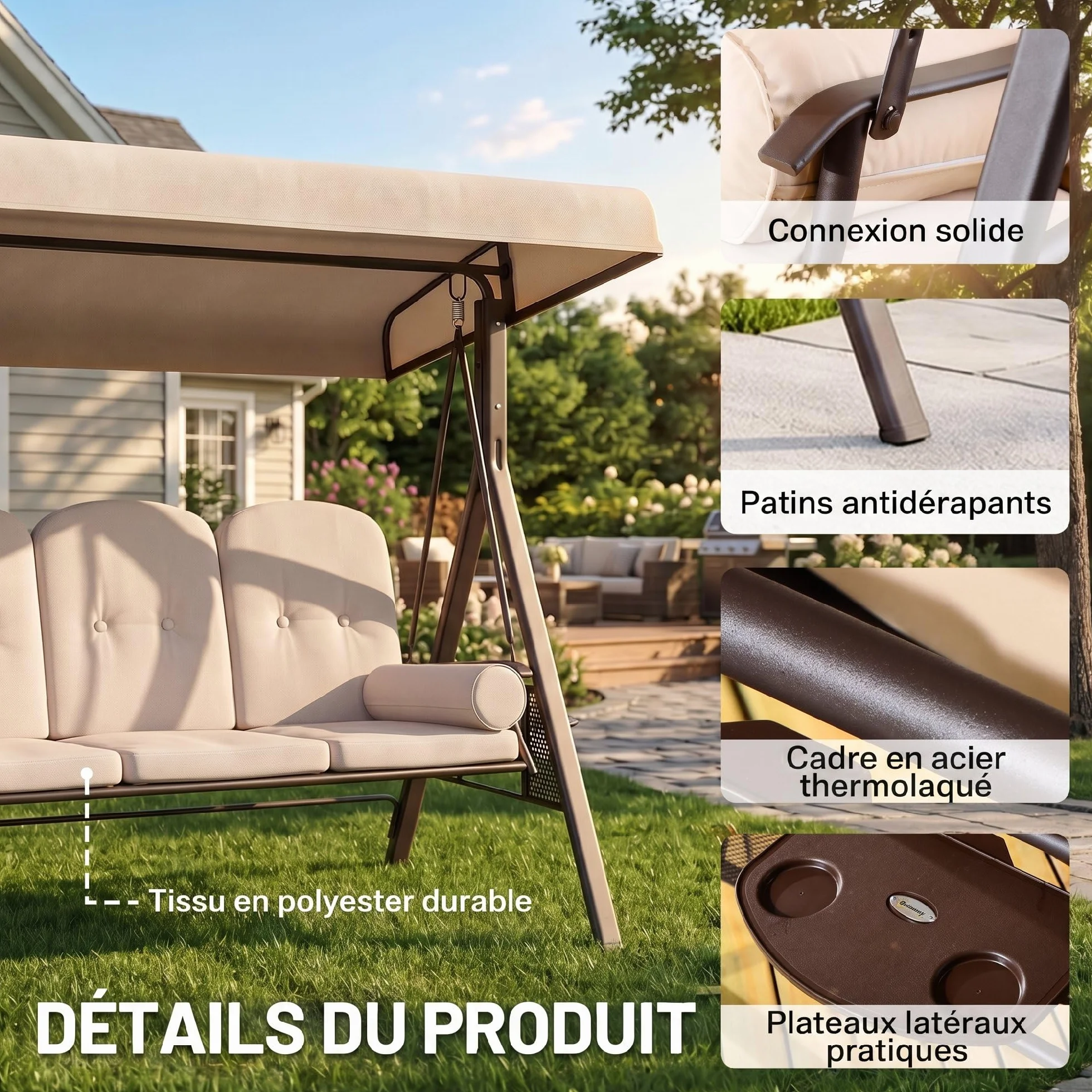 Outsunny Balancelle de Jardin 3 Places Grand Confort Toit Inclinaison réglable Coussins Plateaux rétractables Beige