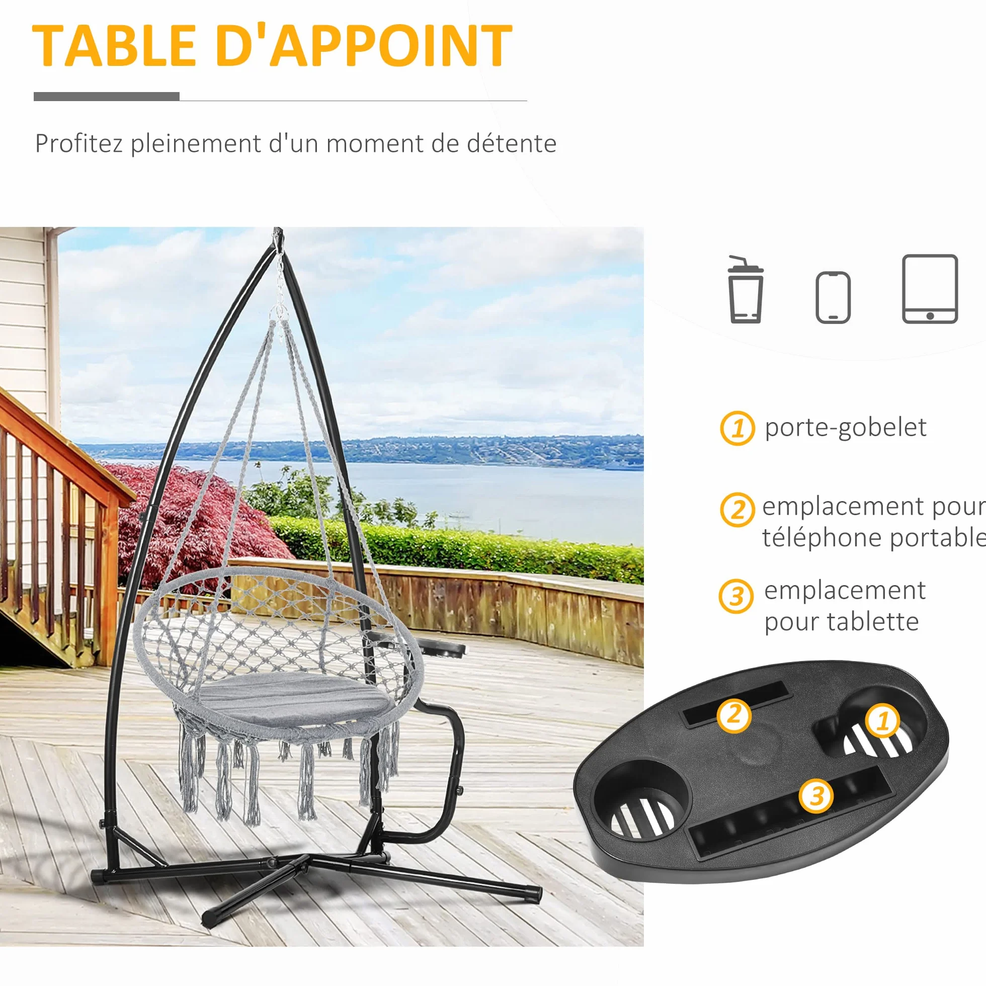 Outsunny Support Fauteuil Suspendu Pied Tablette réglable Charge 120 Kg