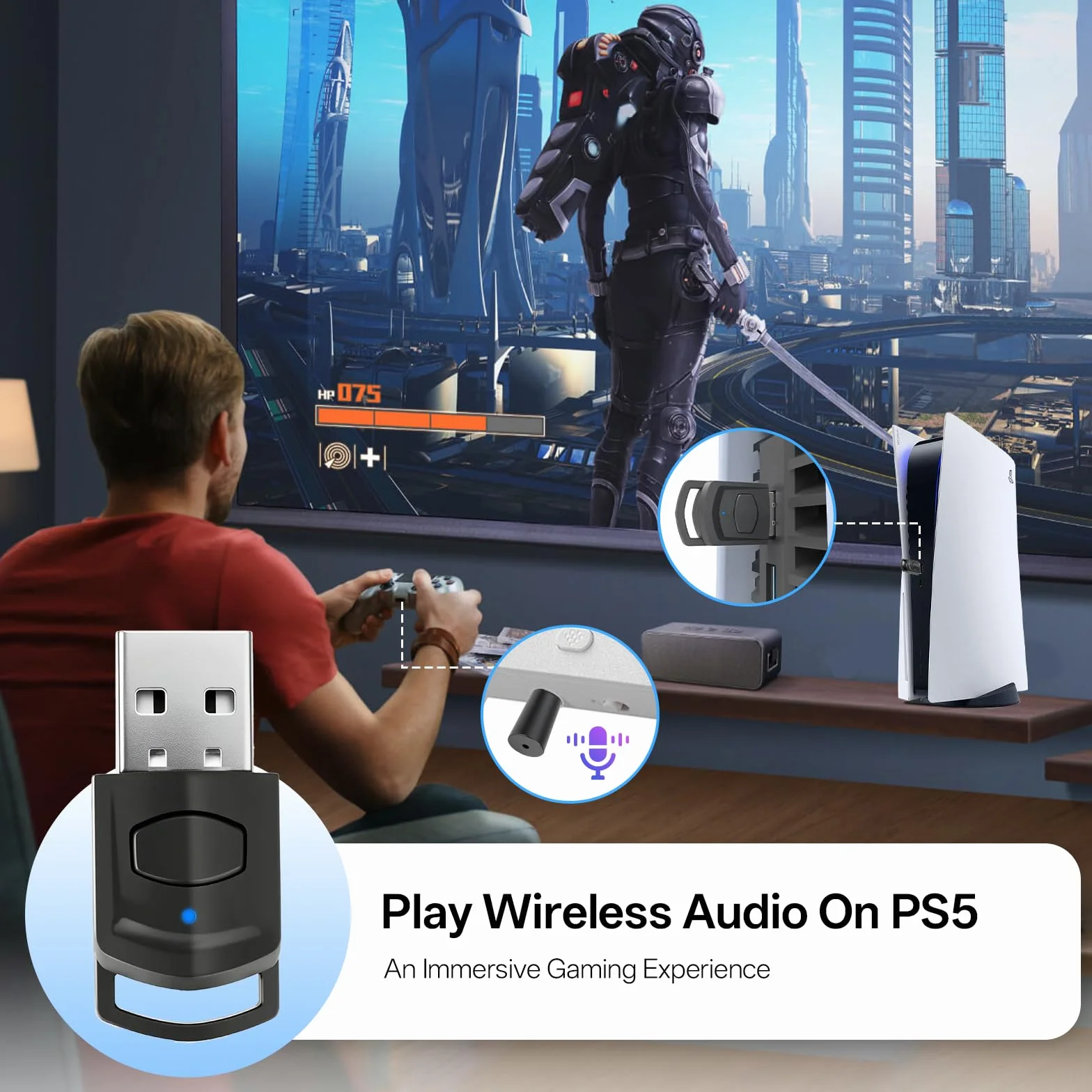 Adaptateur Audio USB Bluetooth 5.0 pour PS5/PS4/PC, Dongle Bluetooth à Faible Latence