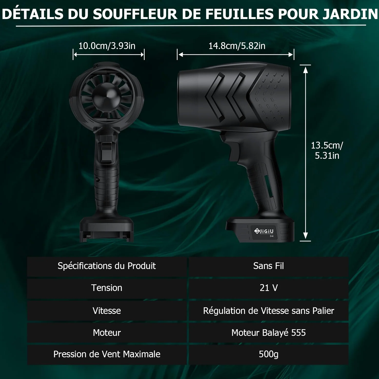 JiGiU Souffleur de Feuilles sans Fil 21V 26000 RPM | Mini Souffleur Portable pour Nettoyage Voiture, Terrasse, Garage, Jardin – Léger avec 2 Batteries Rechargeables