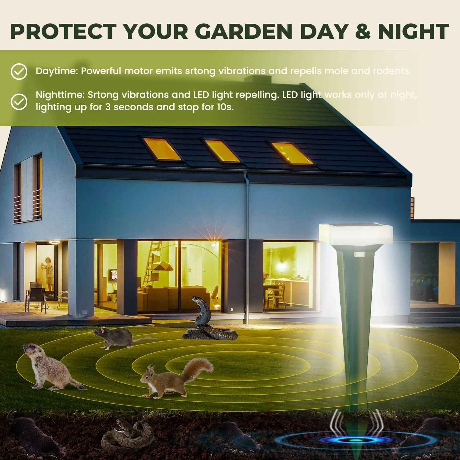 Repulsif Taupe Solaire Anti Taupe 3 Modes Vibration LED Etanche 4 Pieces Jardin