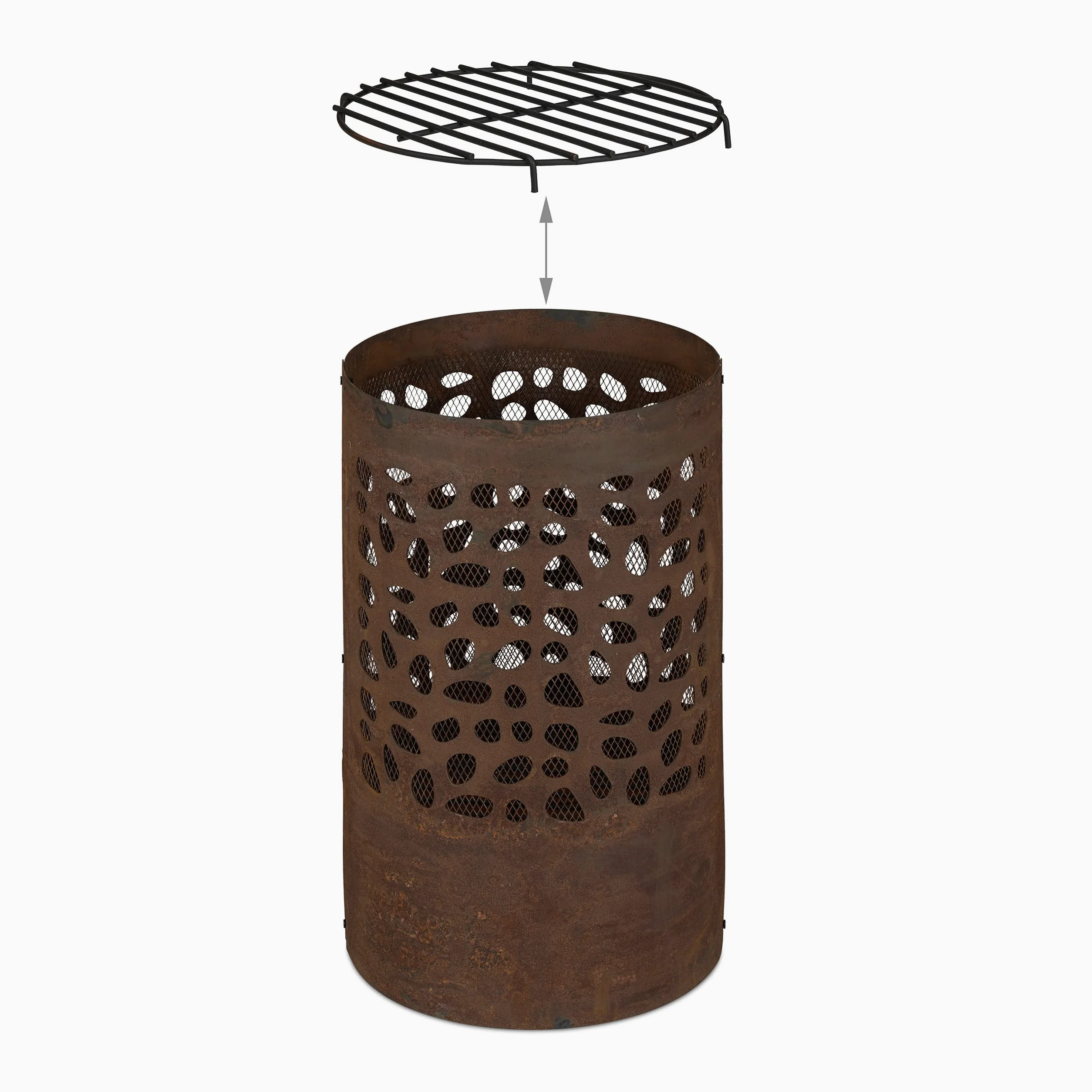 Relaxdays Brasero avec Pare-étincelles, tisonnier et Grille de Foyer, extérieur, H x D : 60x37 cm, Acier Corten, Marron