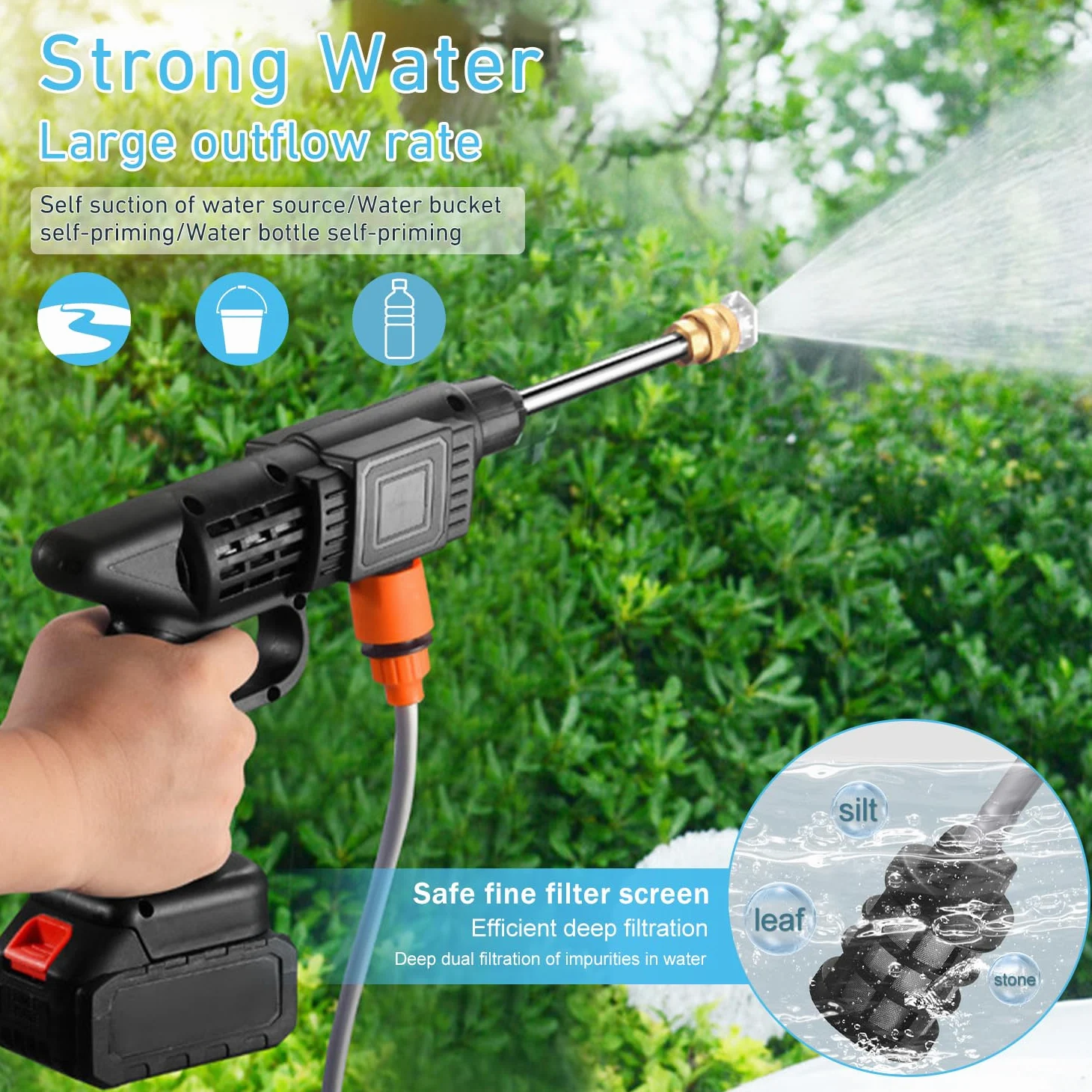 Nettoyeur Haute Pression sans Fil Portable Max 90 Bar avec 2 Batteries, Buse Multi-pulvérisation 6 en 1, Tuyau de 5M, Lance D'extension, Outil de Nettoyage de Voiture en Plein Air pour Jardin