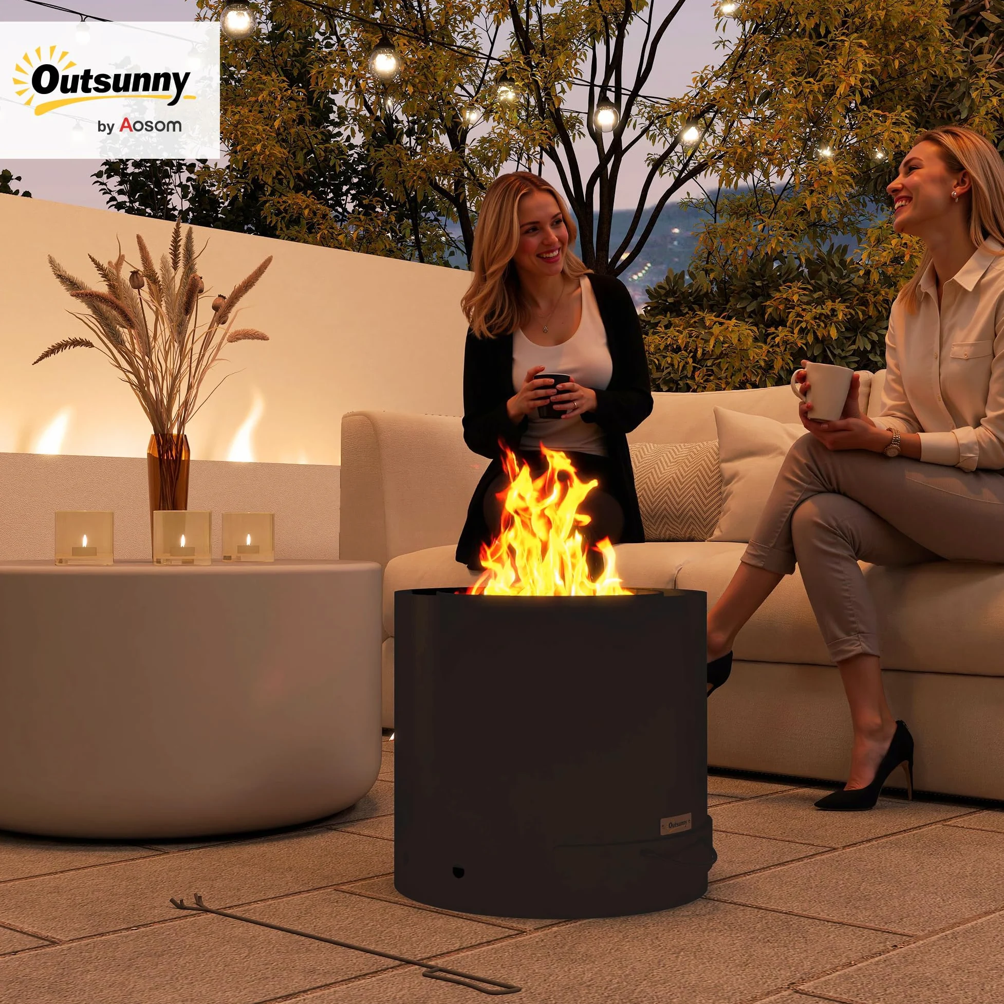 Outsunny Brasero extérieur Ø 45 cm avec bac à Cendres, Acier Noir | Tisonnier inclus, chauffage à charbon de bois pour jardin, camp, cour